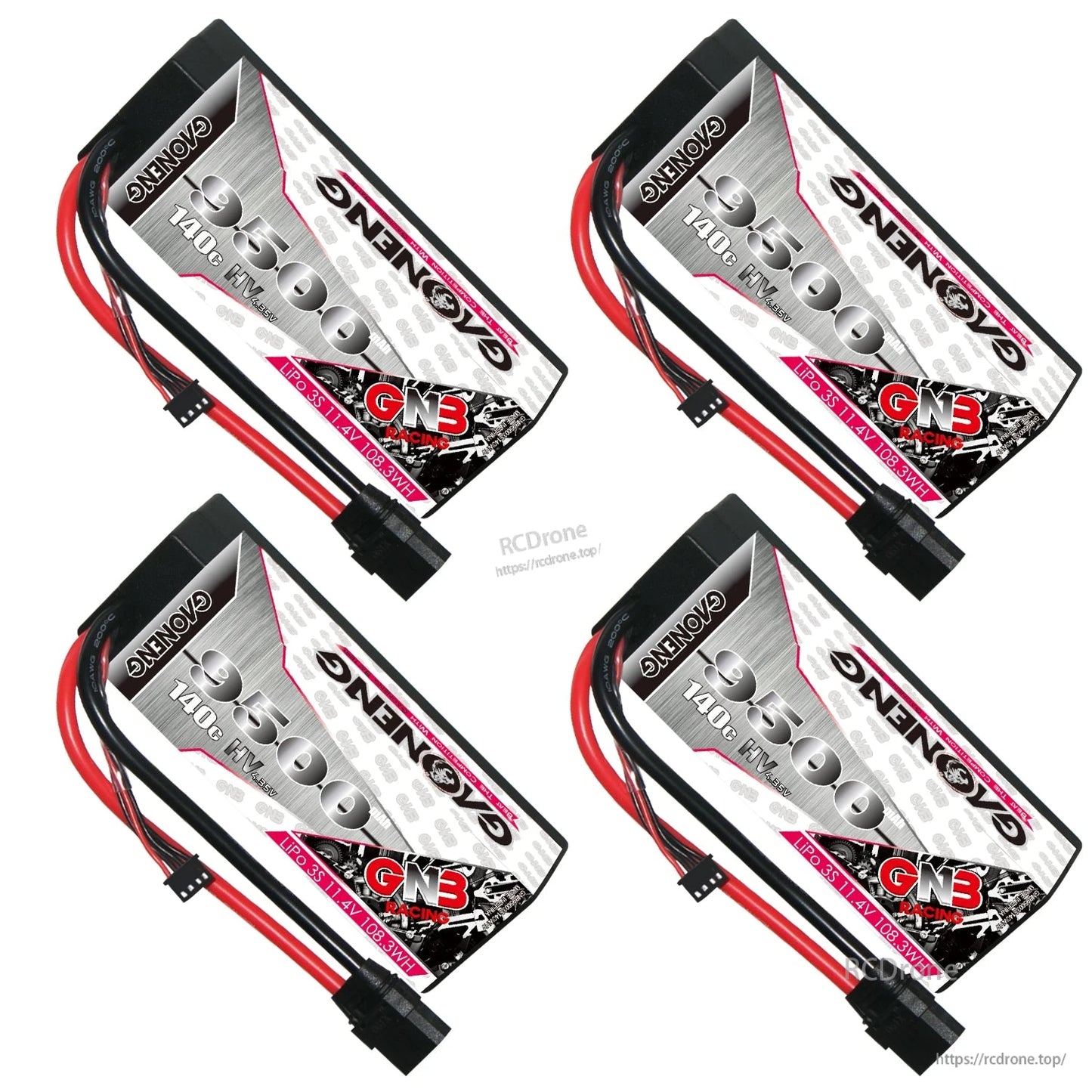 Four angled views of the GAONENG GNB 9500mAh 3S LiHV hard case LiPo battery with cables visible