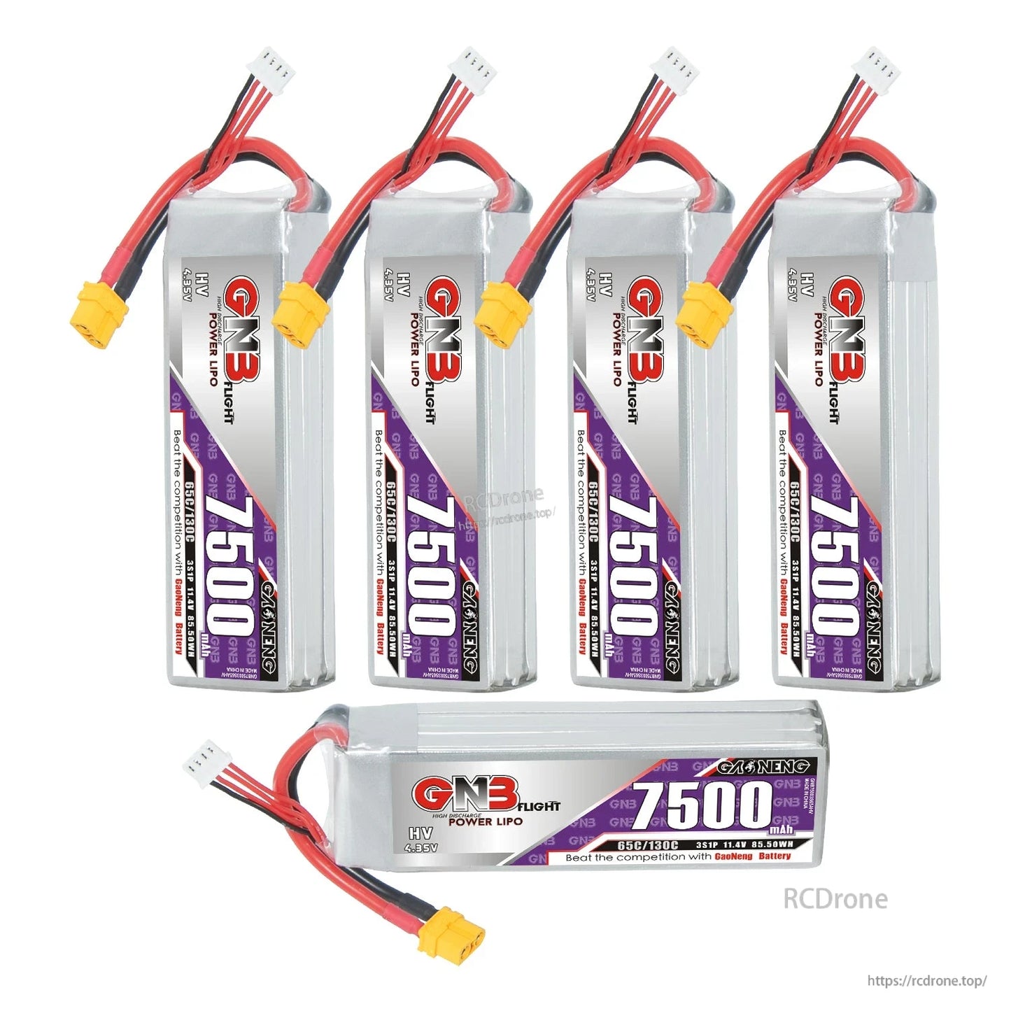 Set display of four upright GNB 7500mAh packs plus one horizontal pack showing label and XT60 lead
