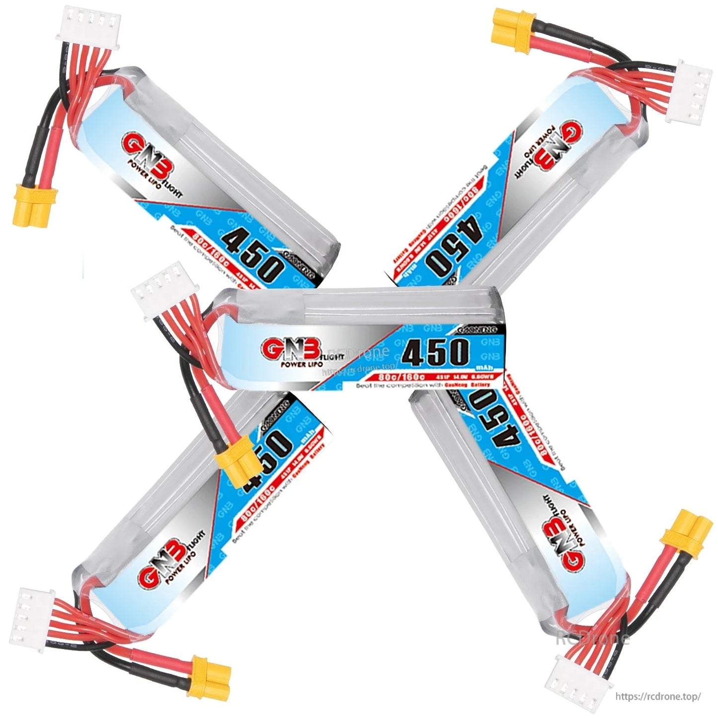 Five GNB 450mAh 4S LiPo batteries arranged in star pattern with XT30 connectors and balance plugs