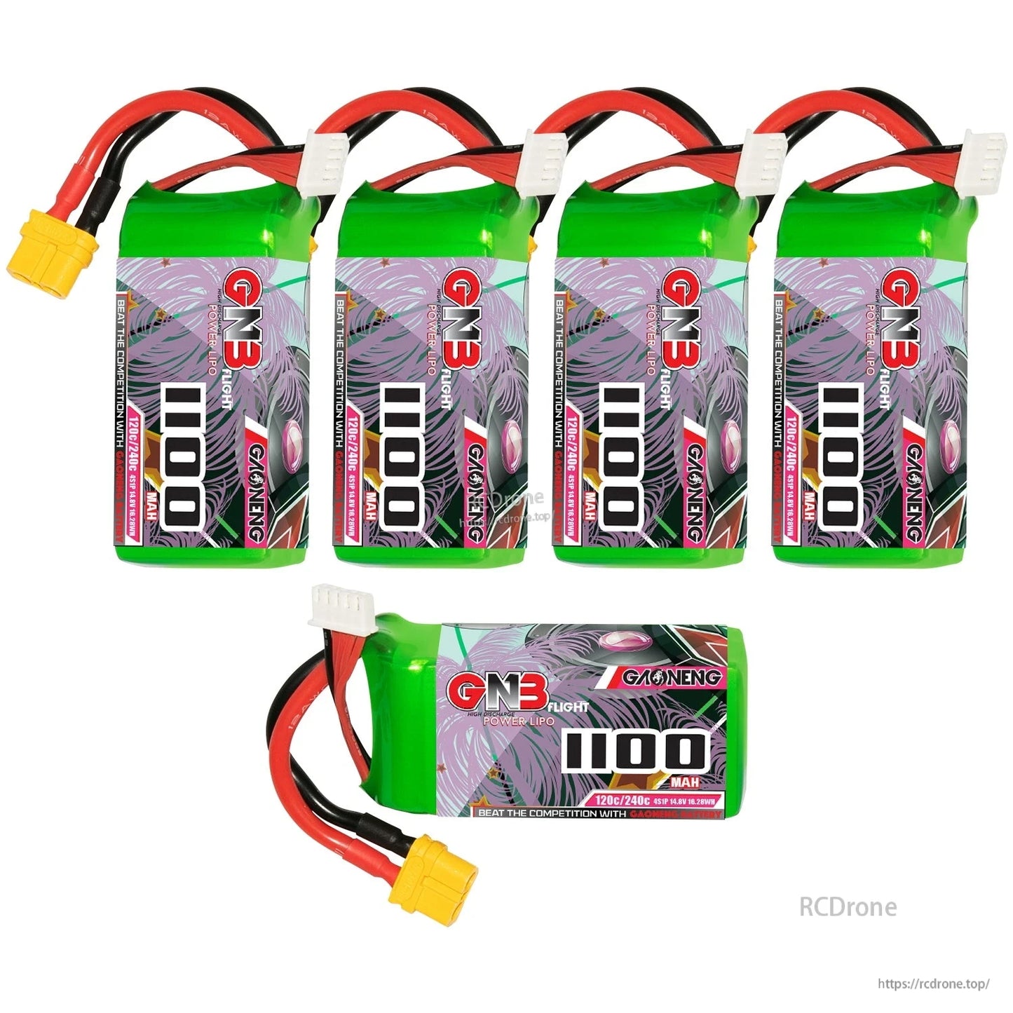 Five GNB 4S 1100mAh LiPo batteries display—four upright plus one horizontal with XT60 plug