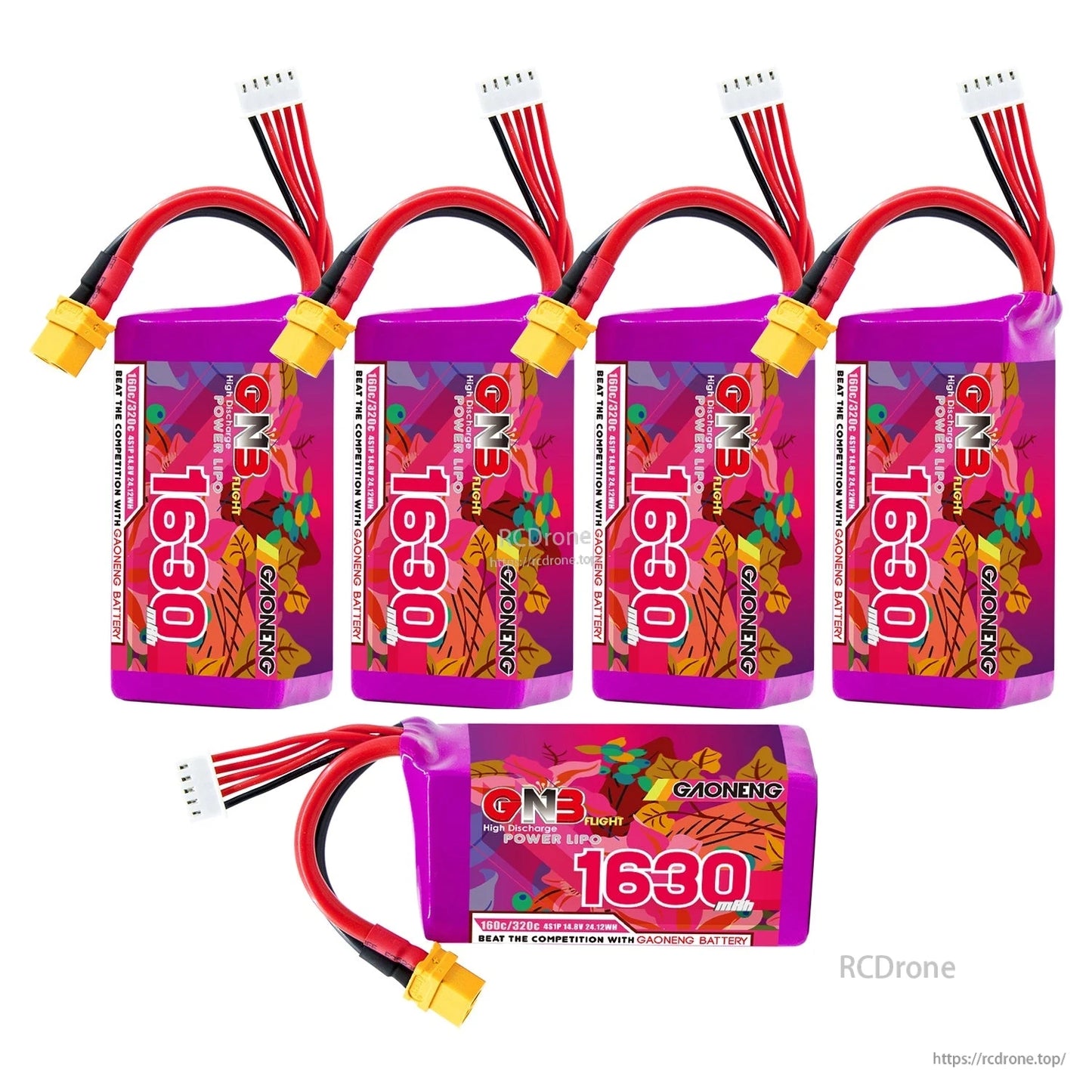 Bundle layout with four batteries plus one additional battery shown horizontally, all with XT60 leads