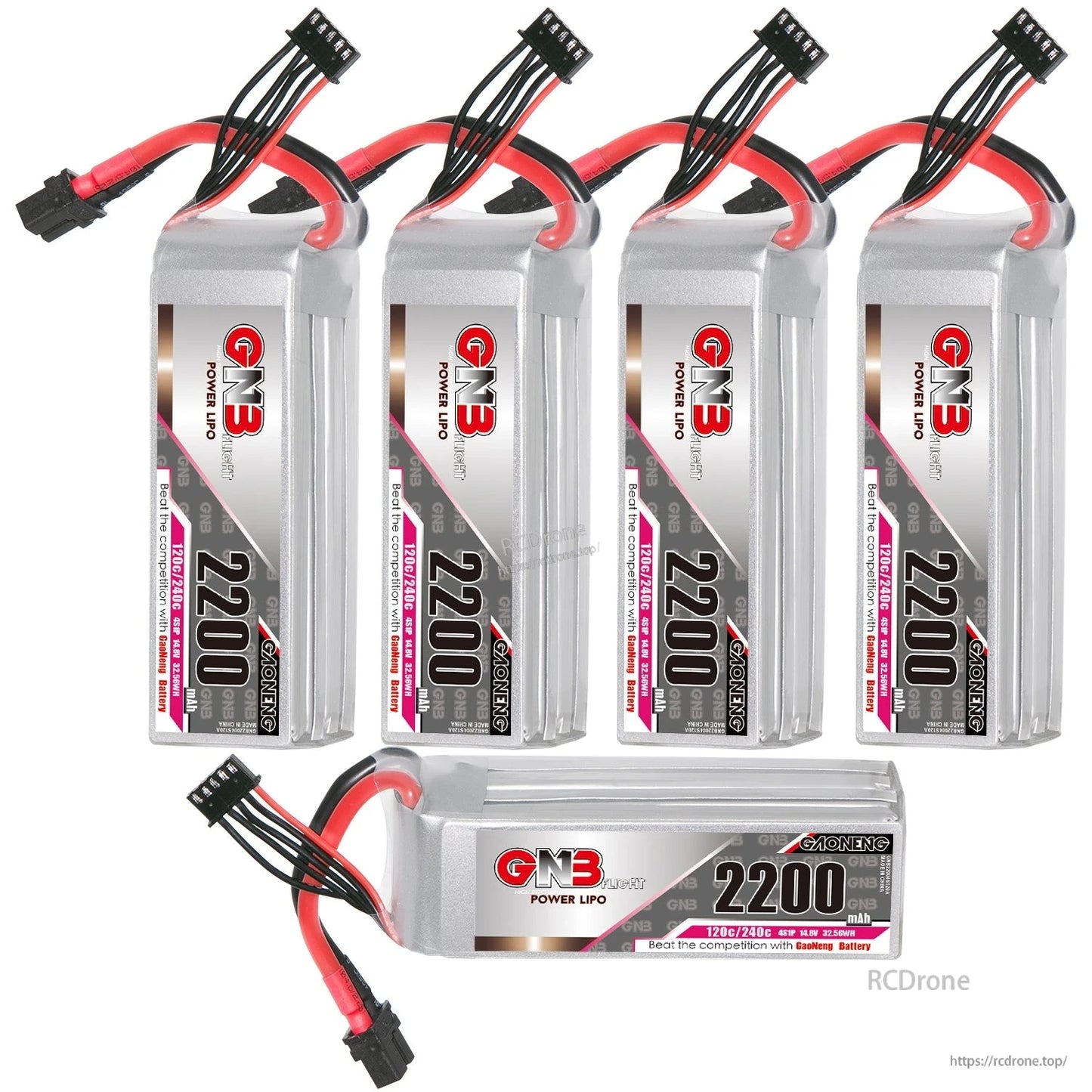 Five GAONENG GNB 2200mAh LiPo batteries shown in mixed upright and horizontal views