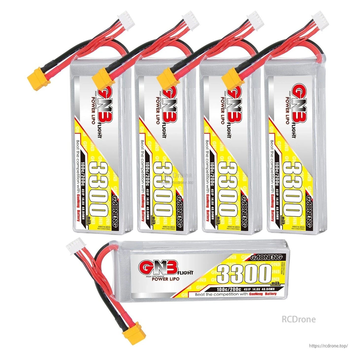 Four batteries plus one horizontal GNB 3300mAh LiPo shown together with XT60 leads