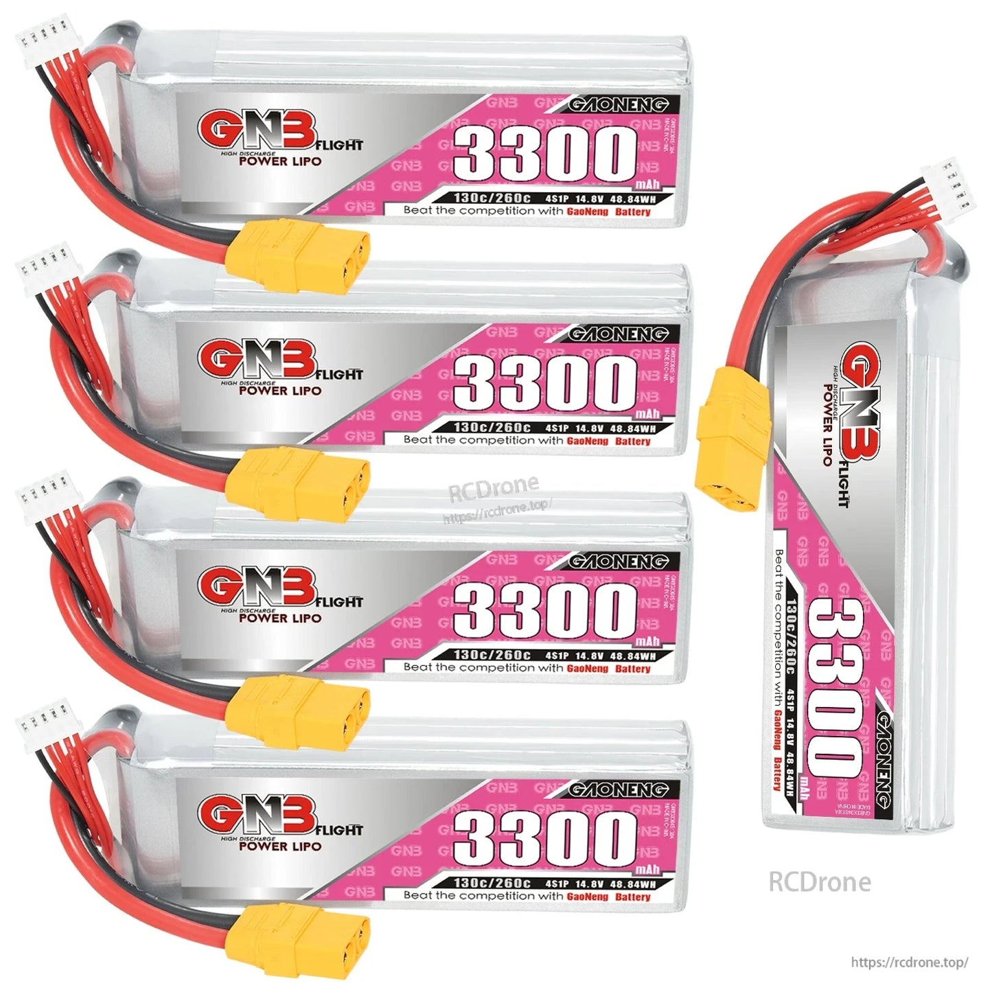 Four GNB 3300mAh 4S LiPo batteries plus one standing upright, showing side label view