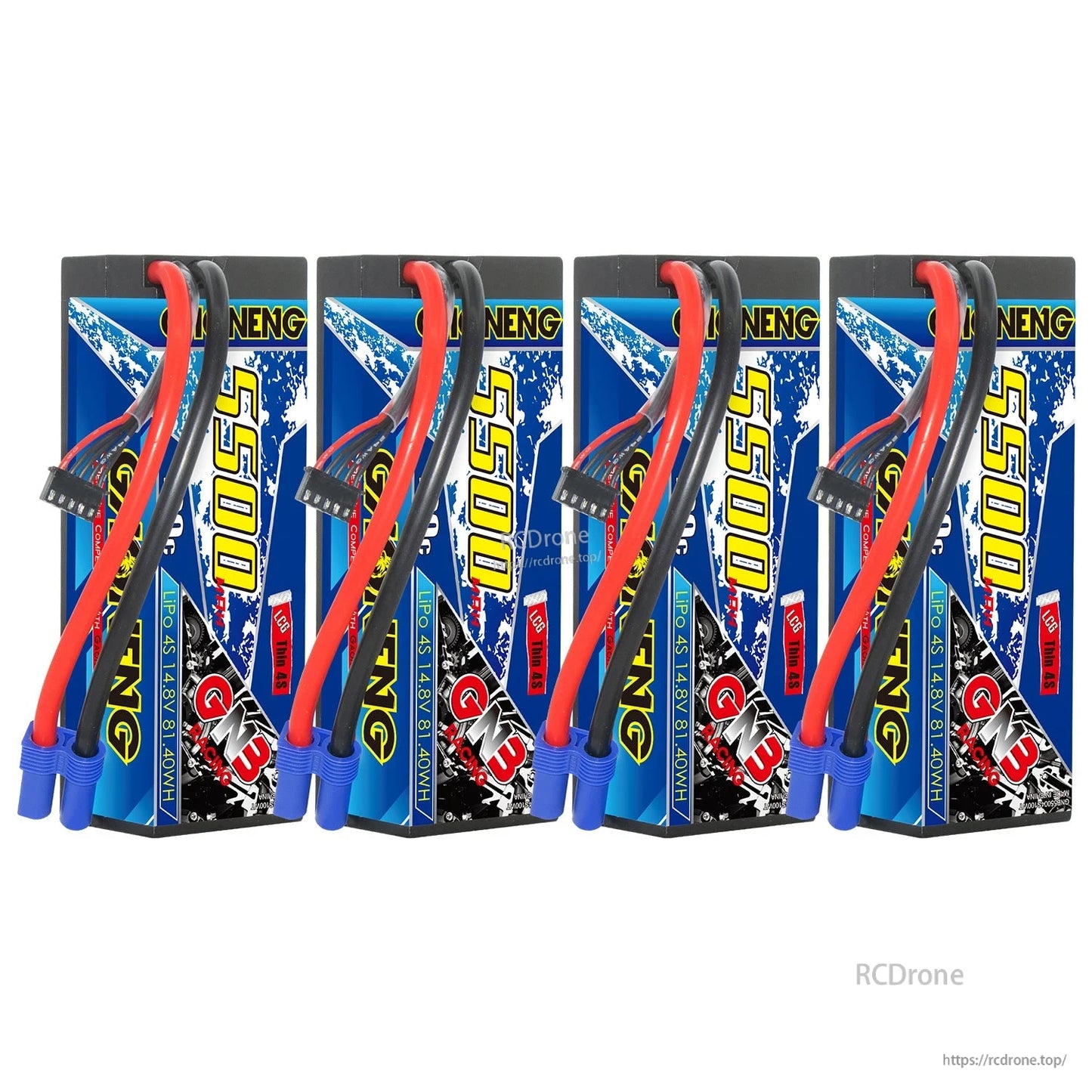 Four GAONENG hard case 4S 5500 batteries shown together with EC5 connectors, group display