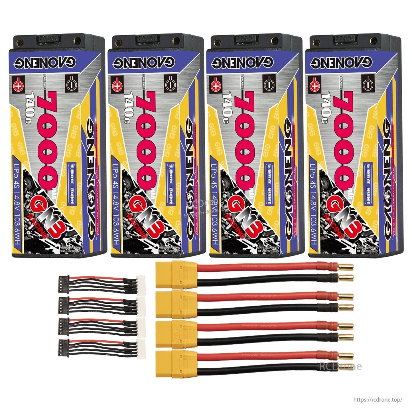 Four batteries with yellow plug power lead adapters and balance leads arranged in full kit layout