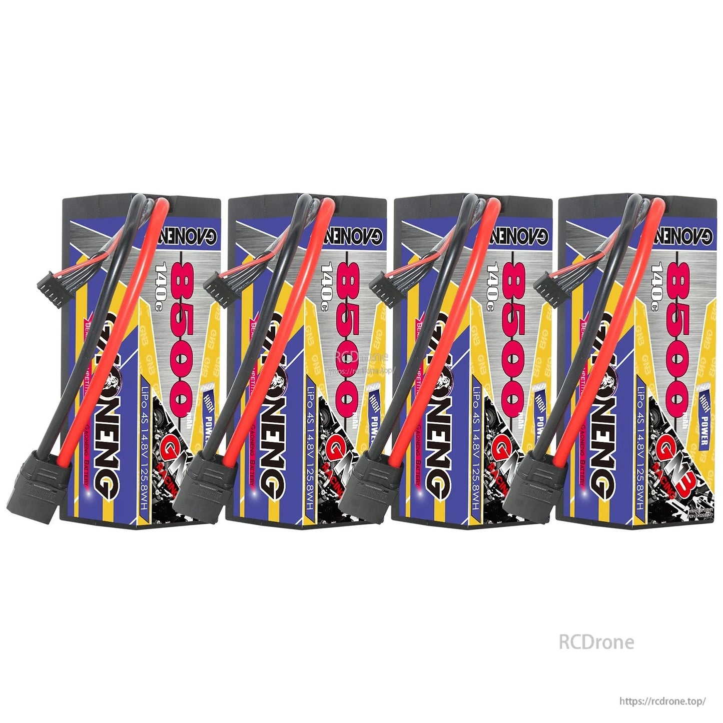Four-pack view of GNB 8500 hard case LiPo batteries lined up with XT90 connectors