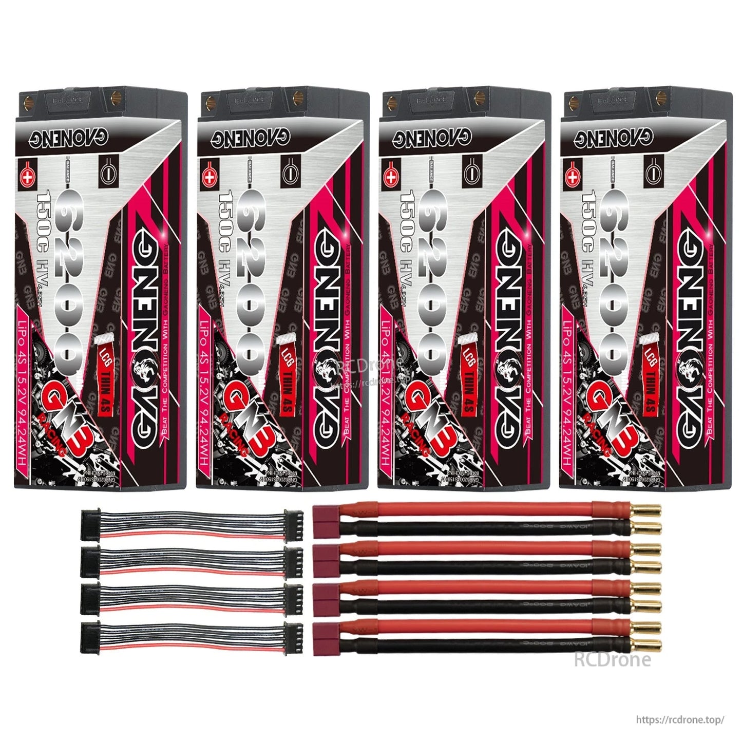 Four-pack with T-plug leads: 4 GNB hard case batteries, four Deans-to-5mm bullet leads, and balance harnesses
