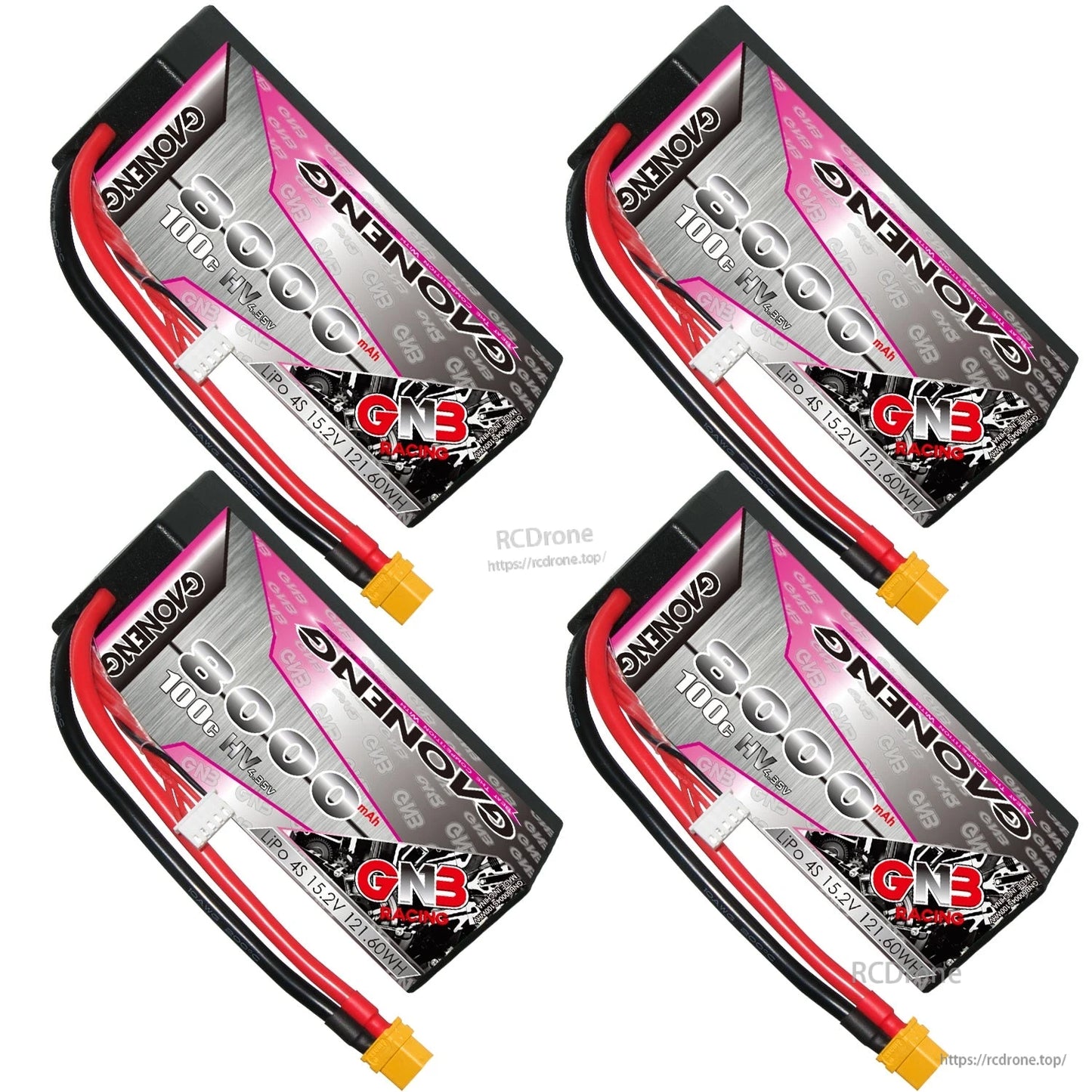 Four GAONENG GNB 4S 8000mAh LiHV hard case LiPo batteries shown in a four-image layout