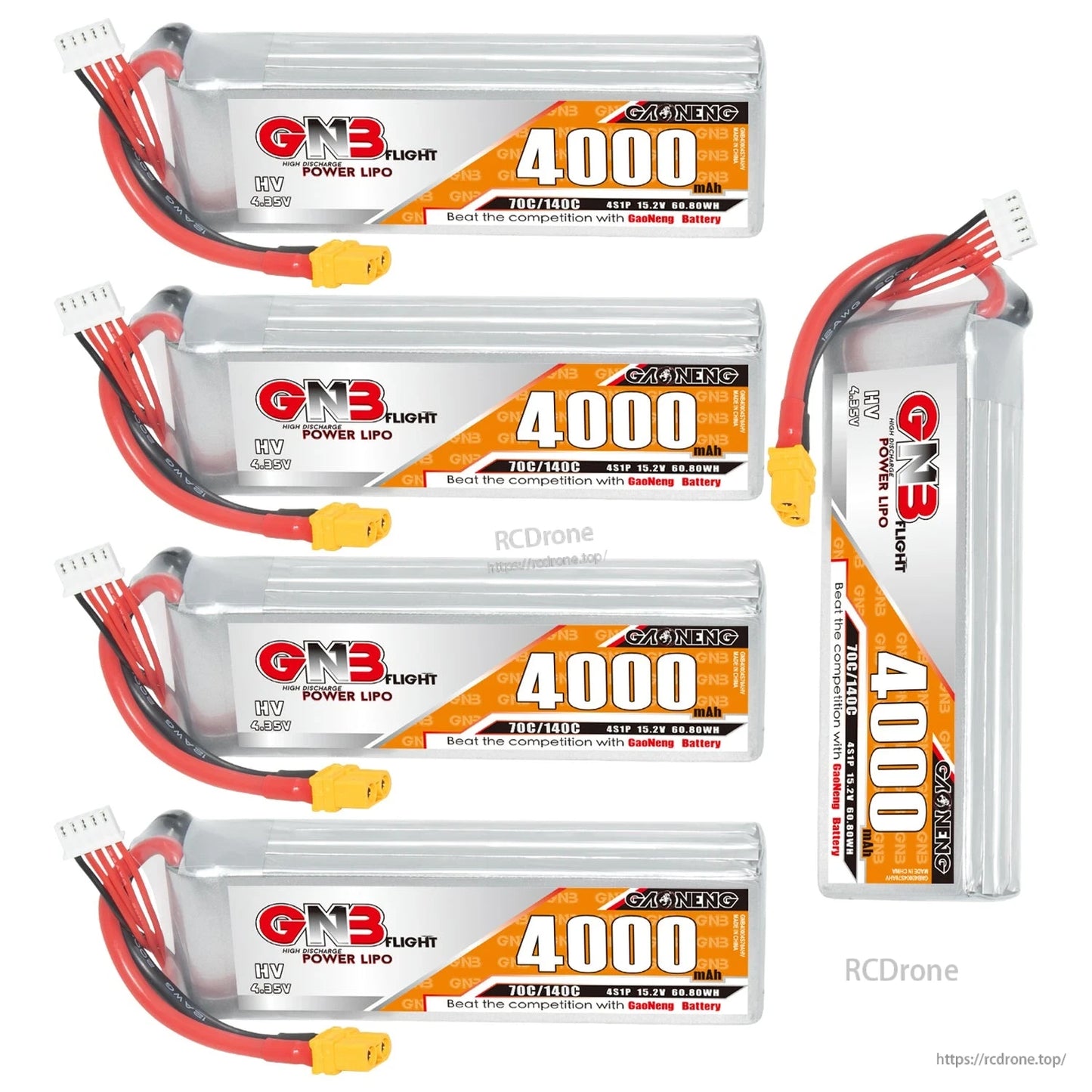 Five GNB 4000mAh 4S LiHV batteries shown together, four horizontal plus one upright