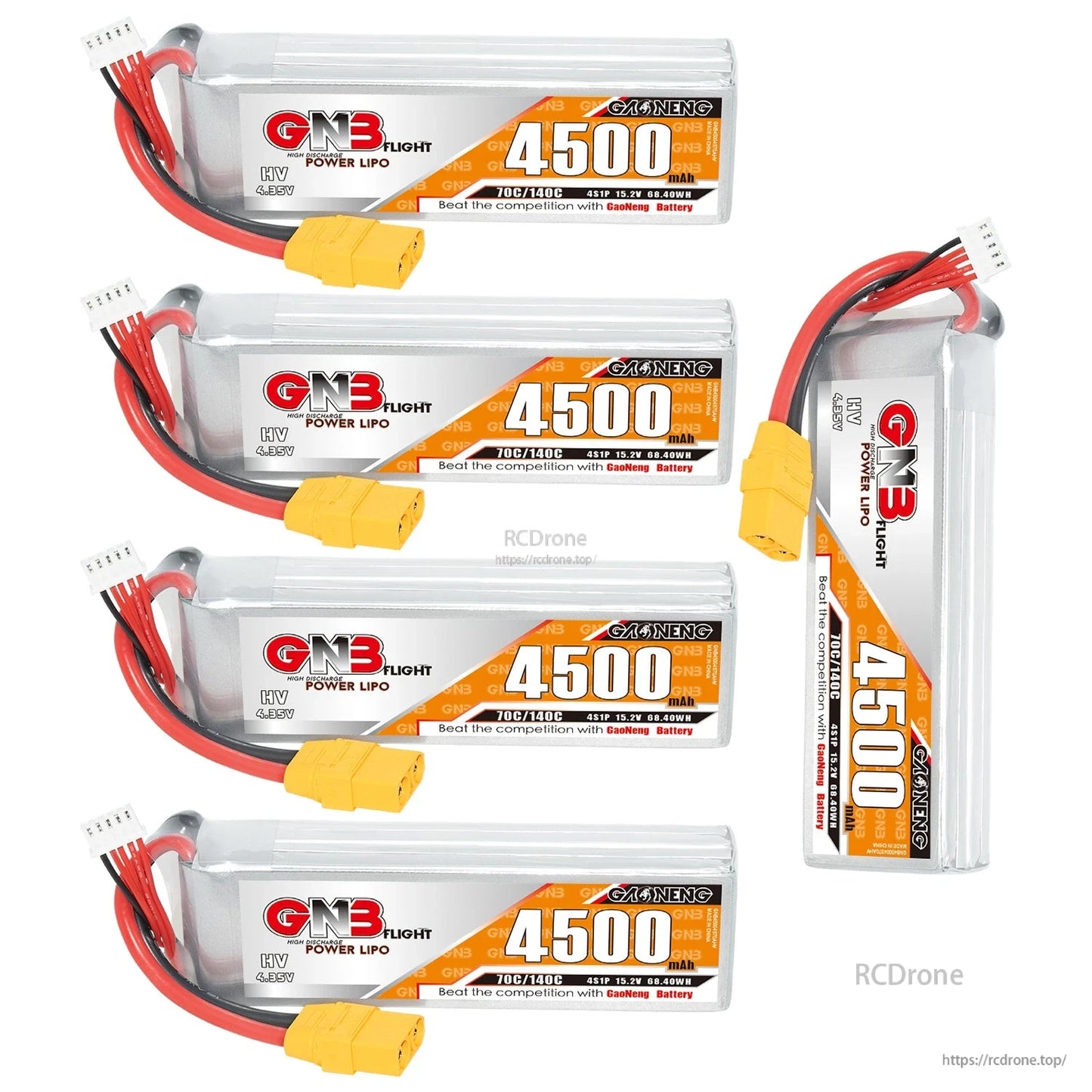 Four batteries plus one standing side view, showing label orientation and XT90 lead placement