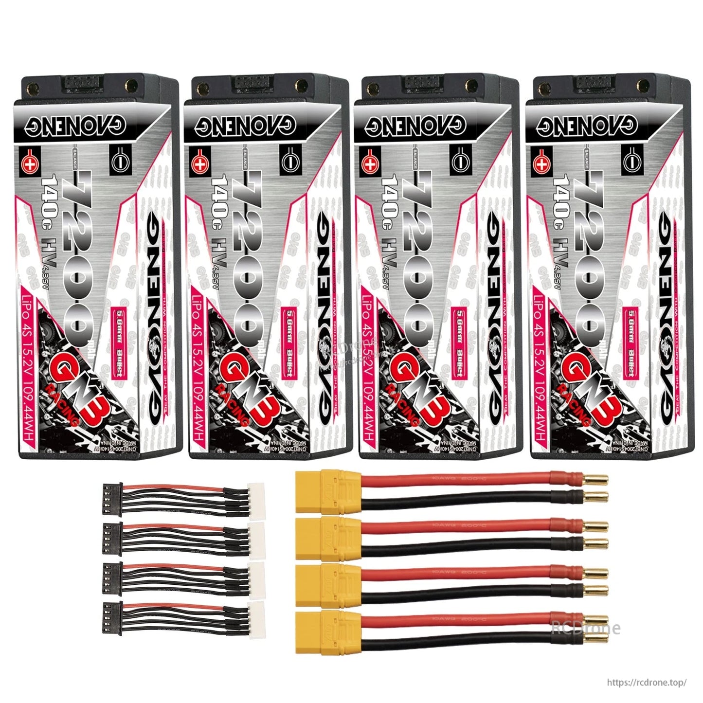 Four GNB 7200mAh 4S hard case batteries with yellow plug leads and four balance leads