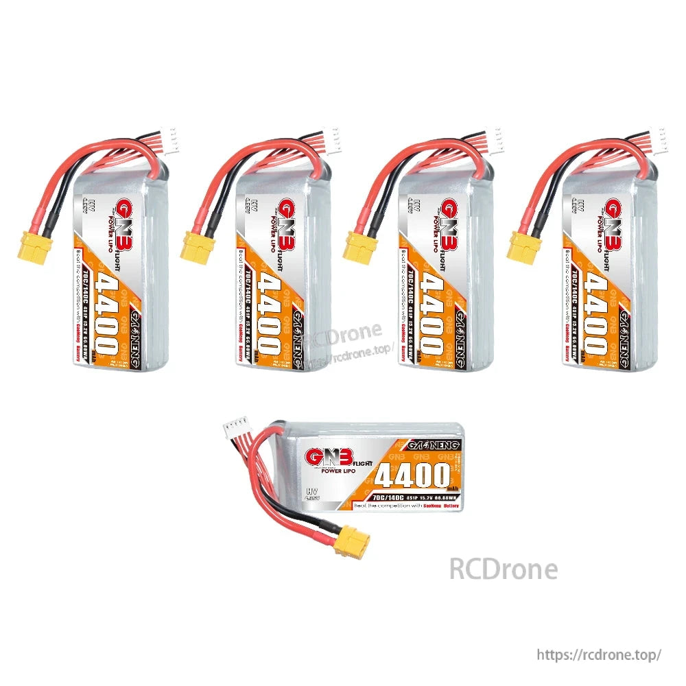 Set layout showing four upright GNB 4400 batteries plus one horizontal battery with XT60 lead