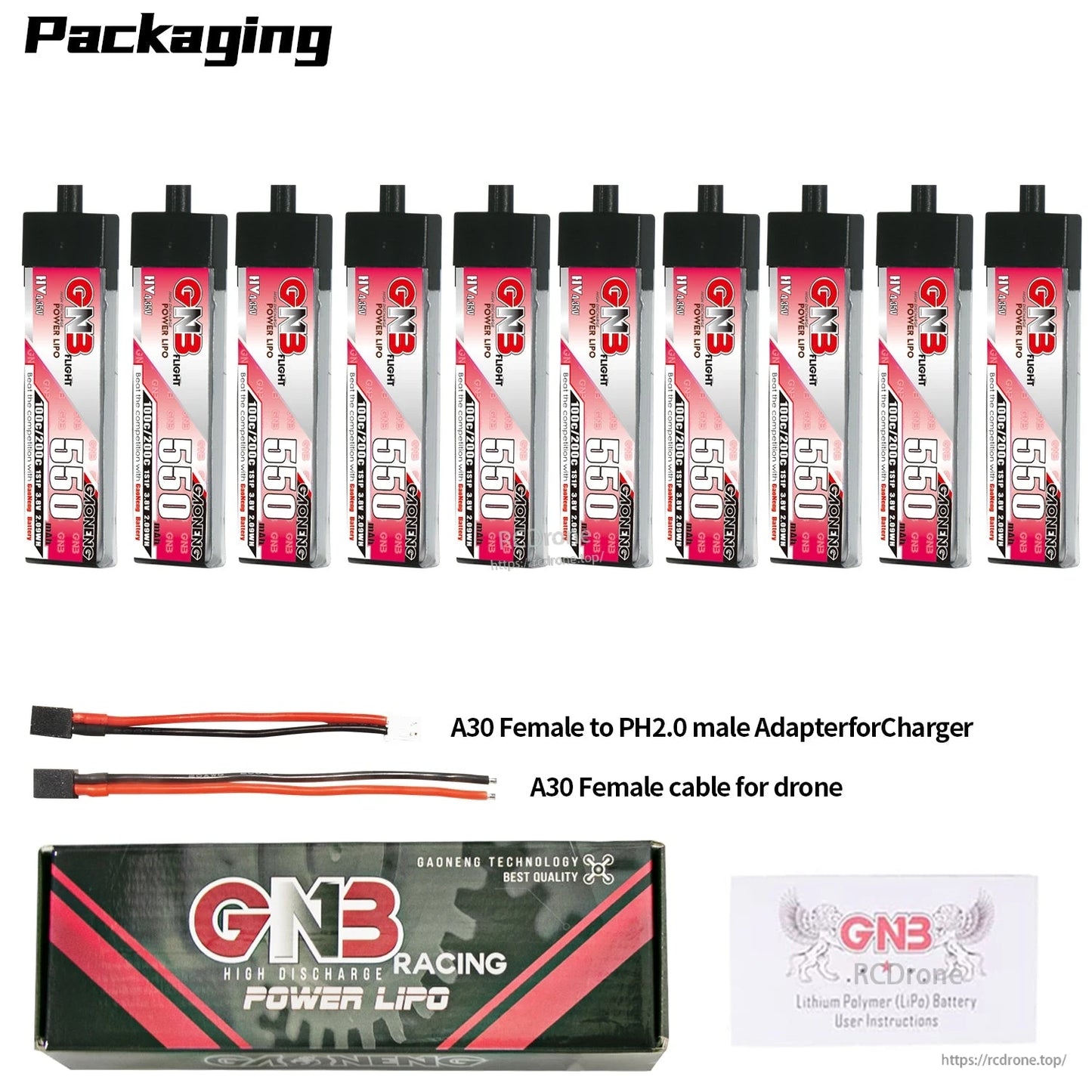 Packaging contents for 10x GNB 550 batteries with A30 leads, adapter cable, branded box and leaflet