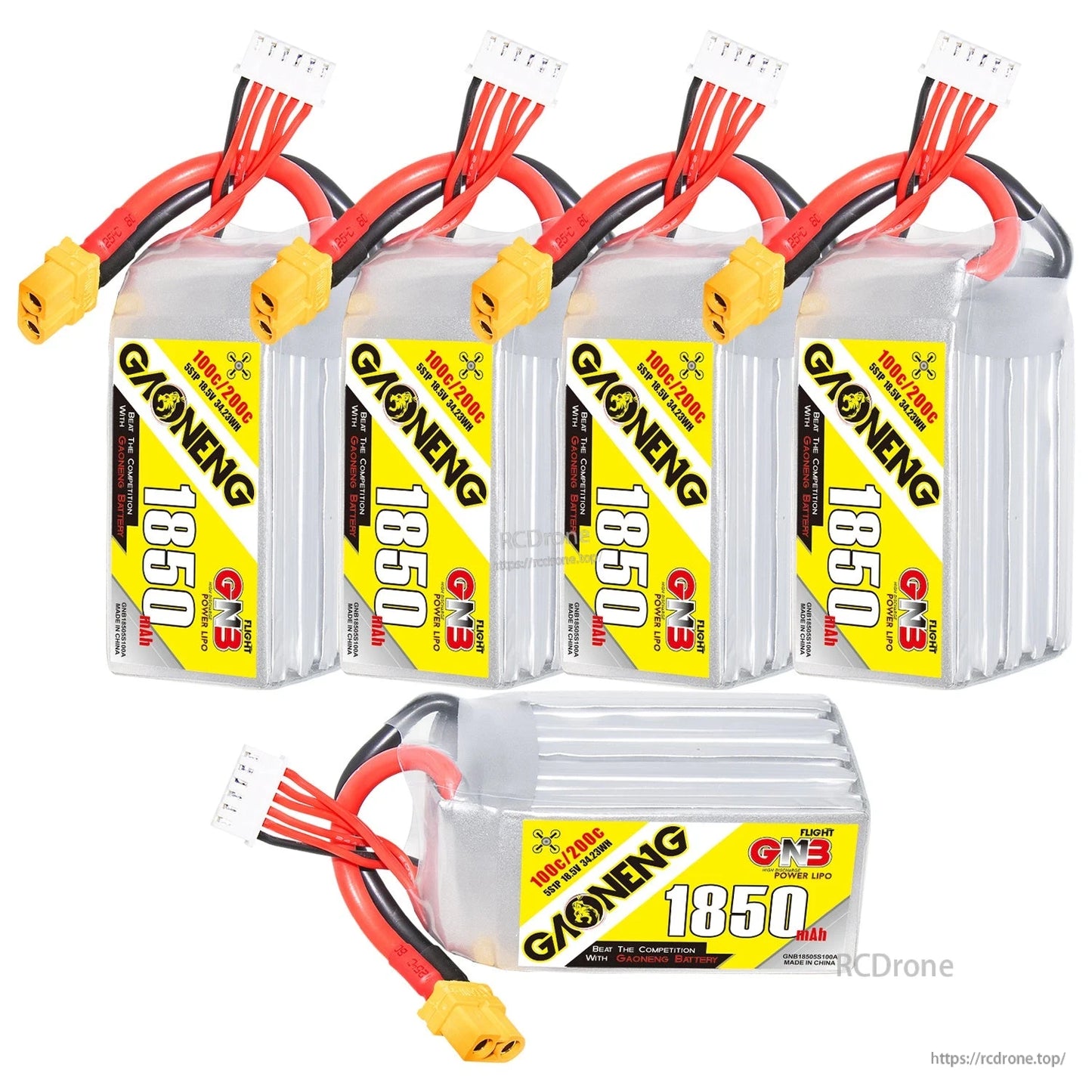 Four upright GNB 1850mAh batteries with one horizontal battery displayed below