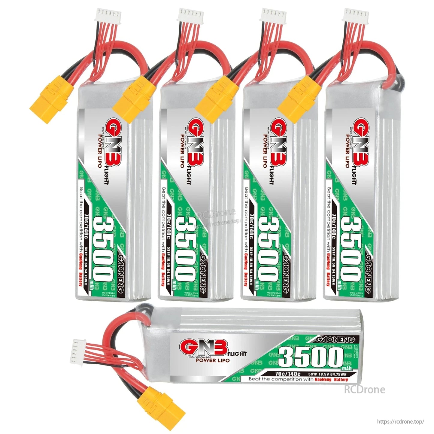 Four upright batteries with one horizontal GAONENG GNB 3500mAh battery below