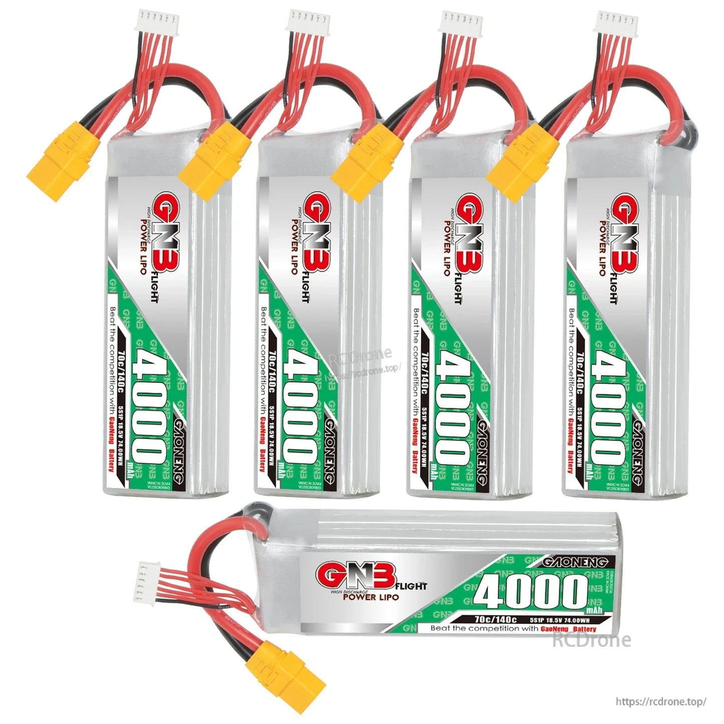 Four upright and one horizontal GNB 5S 4000mAh 70C LiPo batteries in multi-pack display