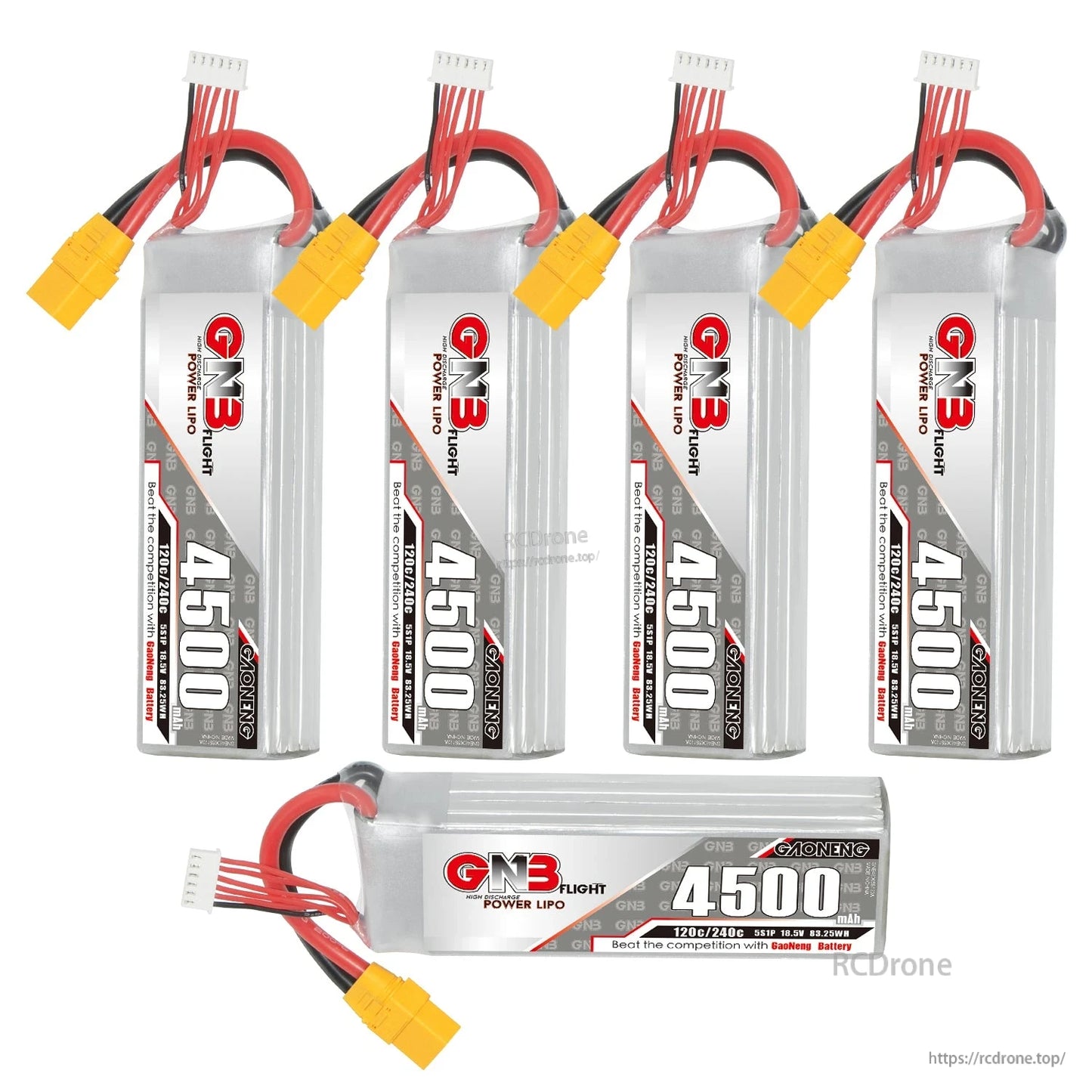 Four upright GNB 4500mAh batteries plus one horizontal pack, XT90 plugs and balance leads