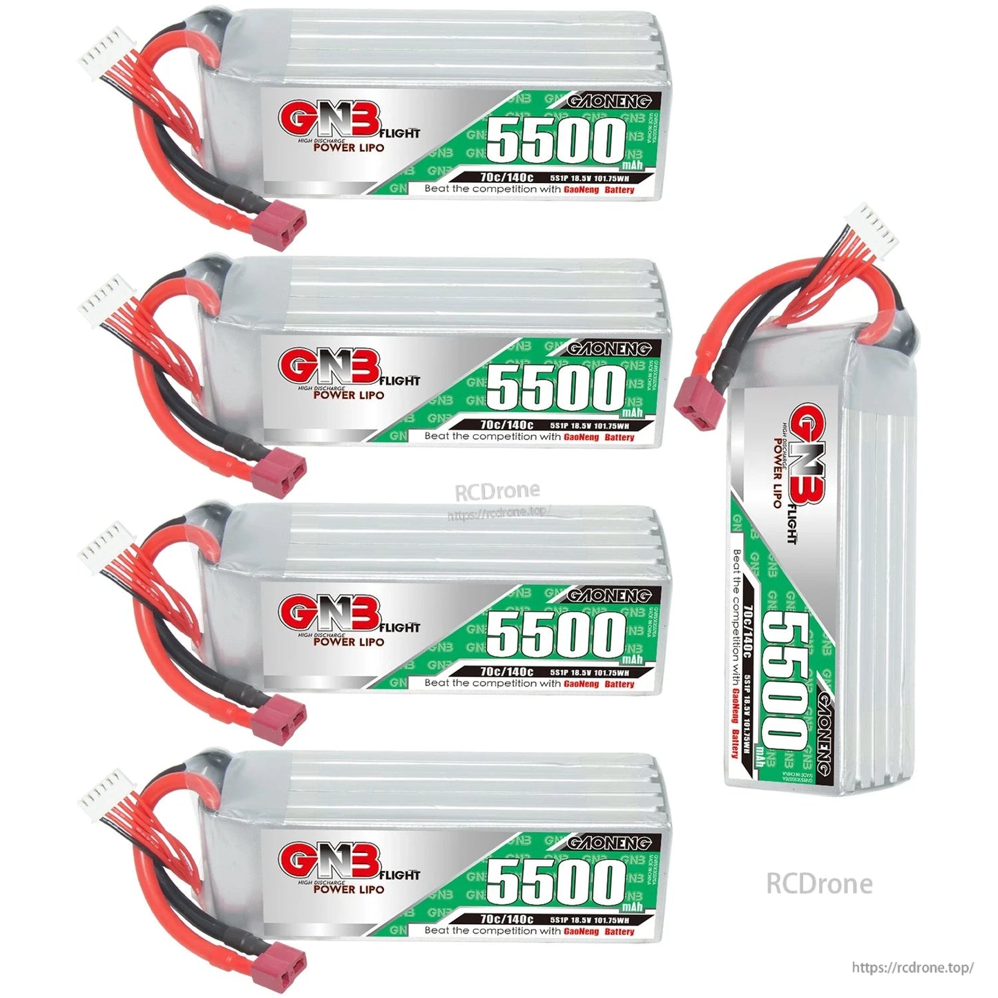 Five GAONENG GNB 5500mAh 5S LiPo batteries with mixed horizontal and upright views