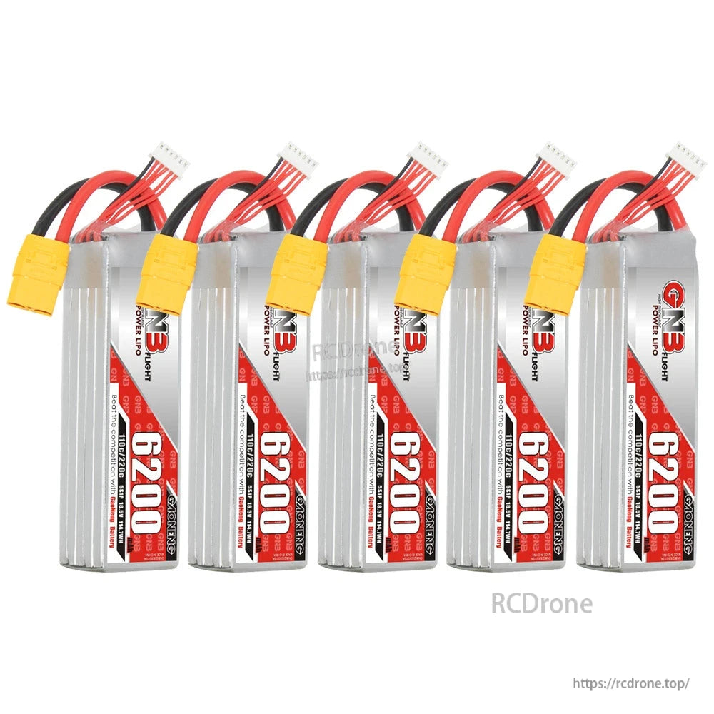 Five GNB 6200mAh LiPo batteries standing upright in a row with labels and balance leads