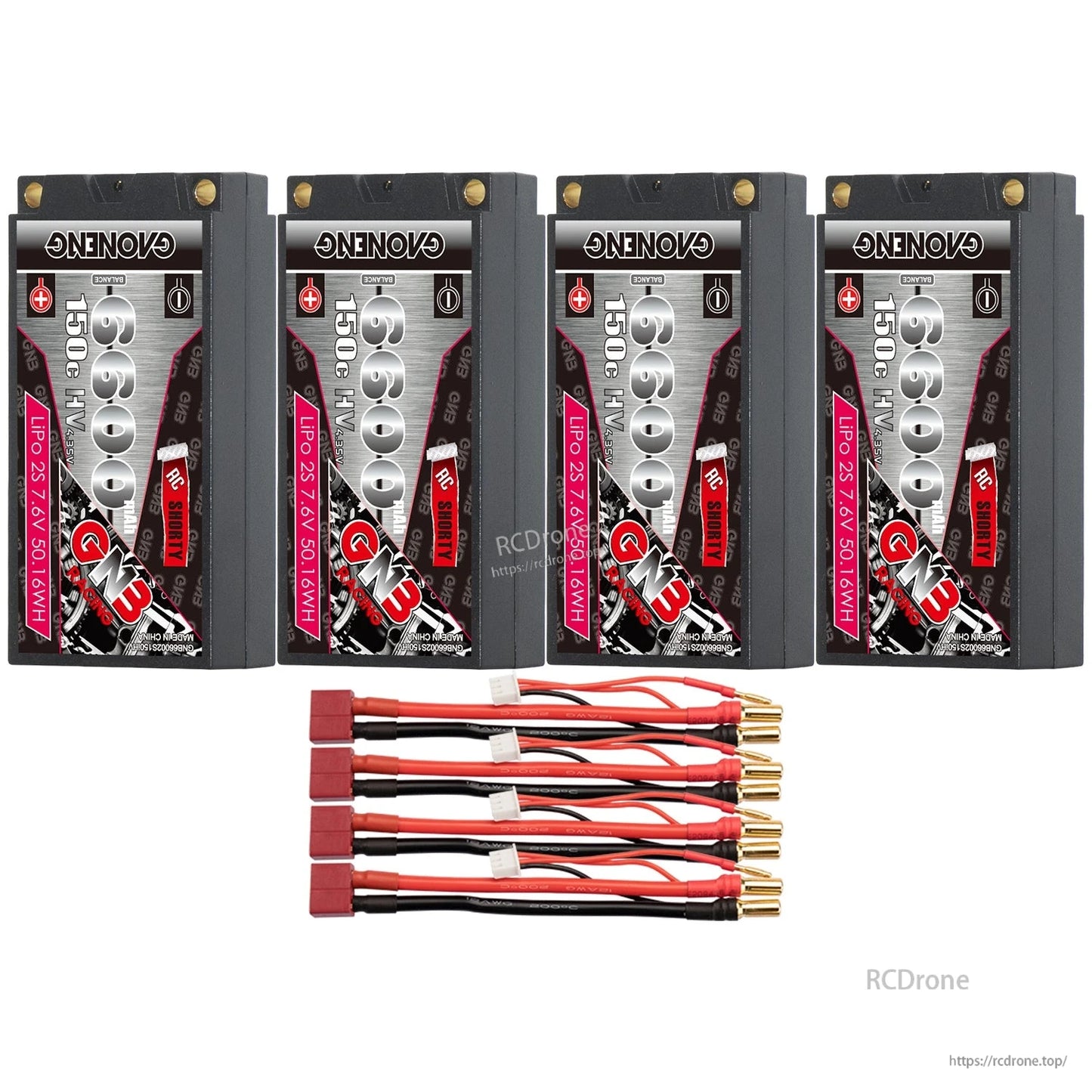 Four-pack layout: GNB shorty hard case batteries with Deans/T-plug connectors, balance plugs and 5mm bullets