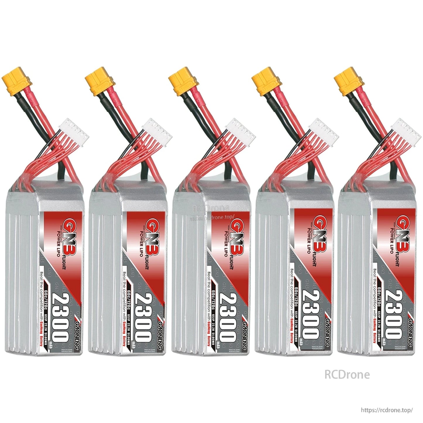 Five-pack lineup of GNB 2300 batteries, front labels aligned with XT60 leads