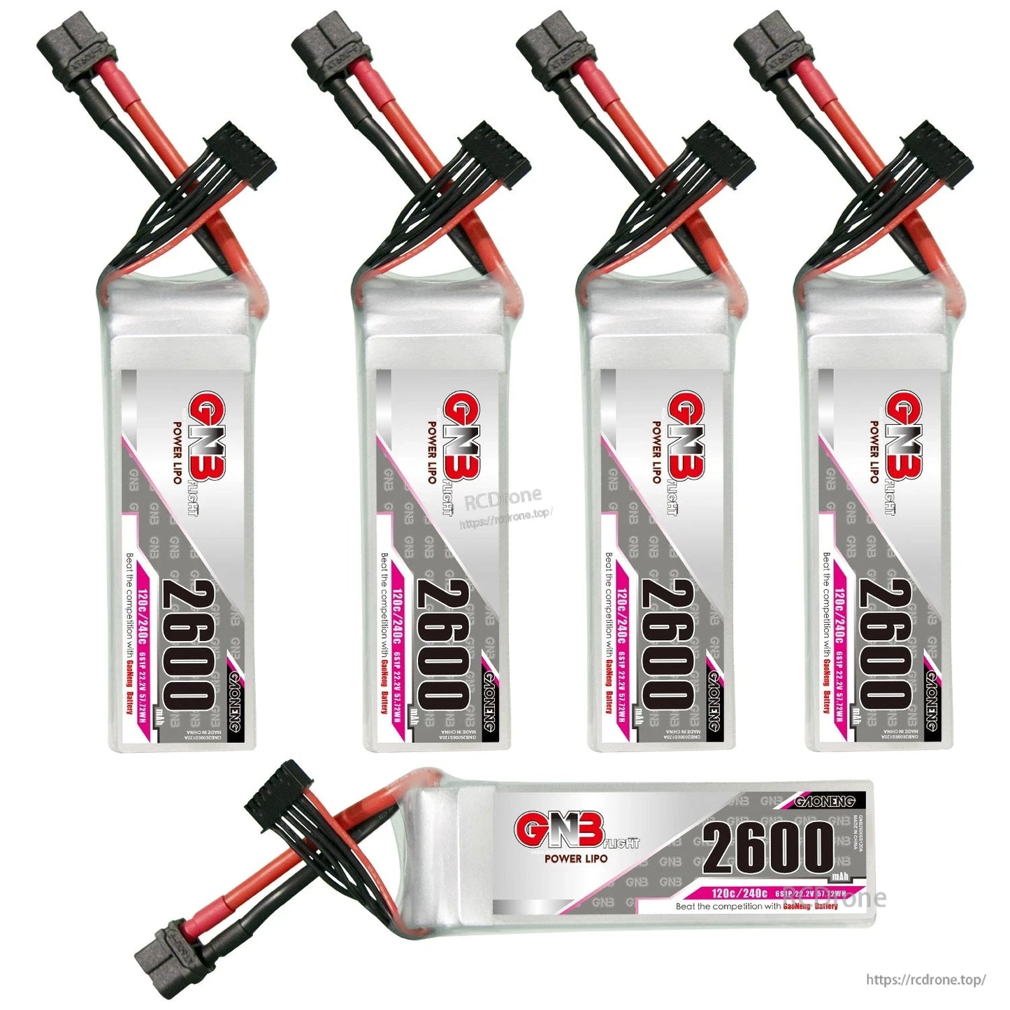 Five GAONENG GNB 2600mAh LiPo batteries set, four upright plus one horizontal showing label and leads