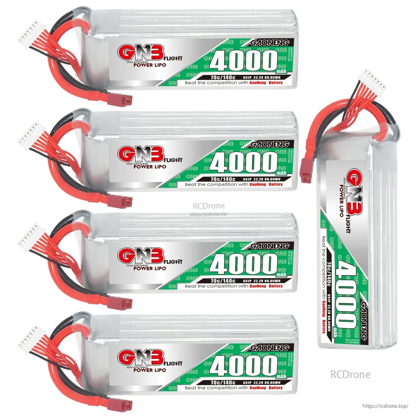 Four GNB 4000mAh LiPo batteries plus one upright pack shown together, highlighting label and leads