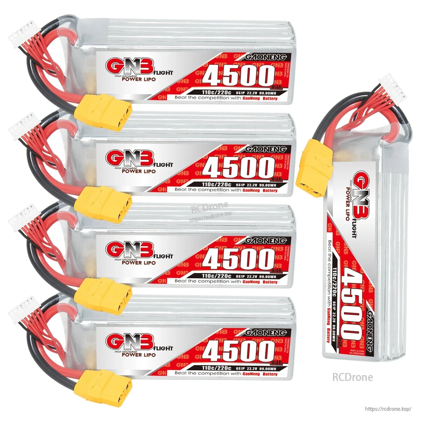 Four horizontal and one upright GNB 4500mAh 6S LiPo batteries shown in group arrangement