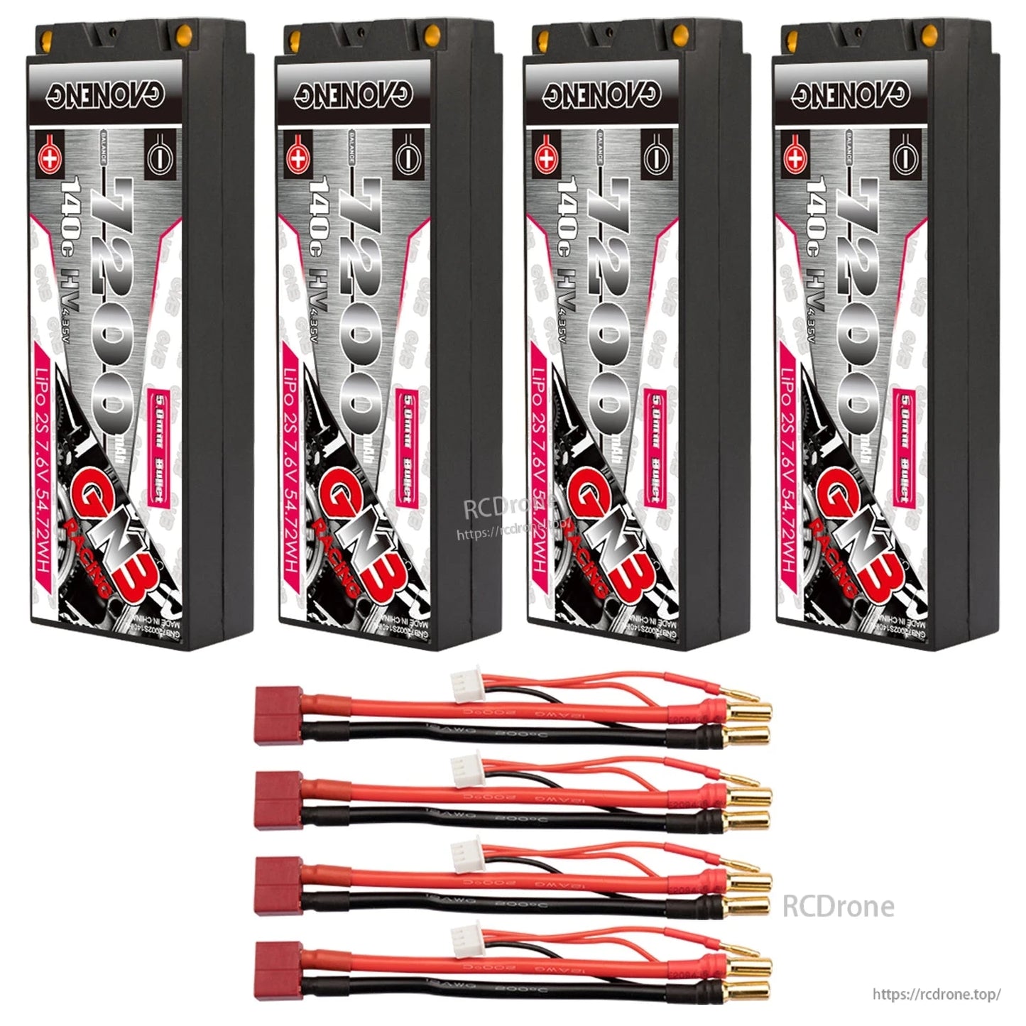 Four GNB 7200mAh hard case LiPo batteries with four T-plug style lead sets and 5mm bullets