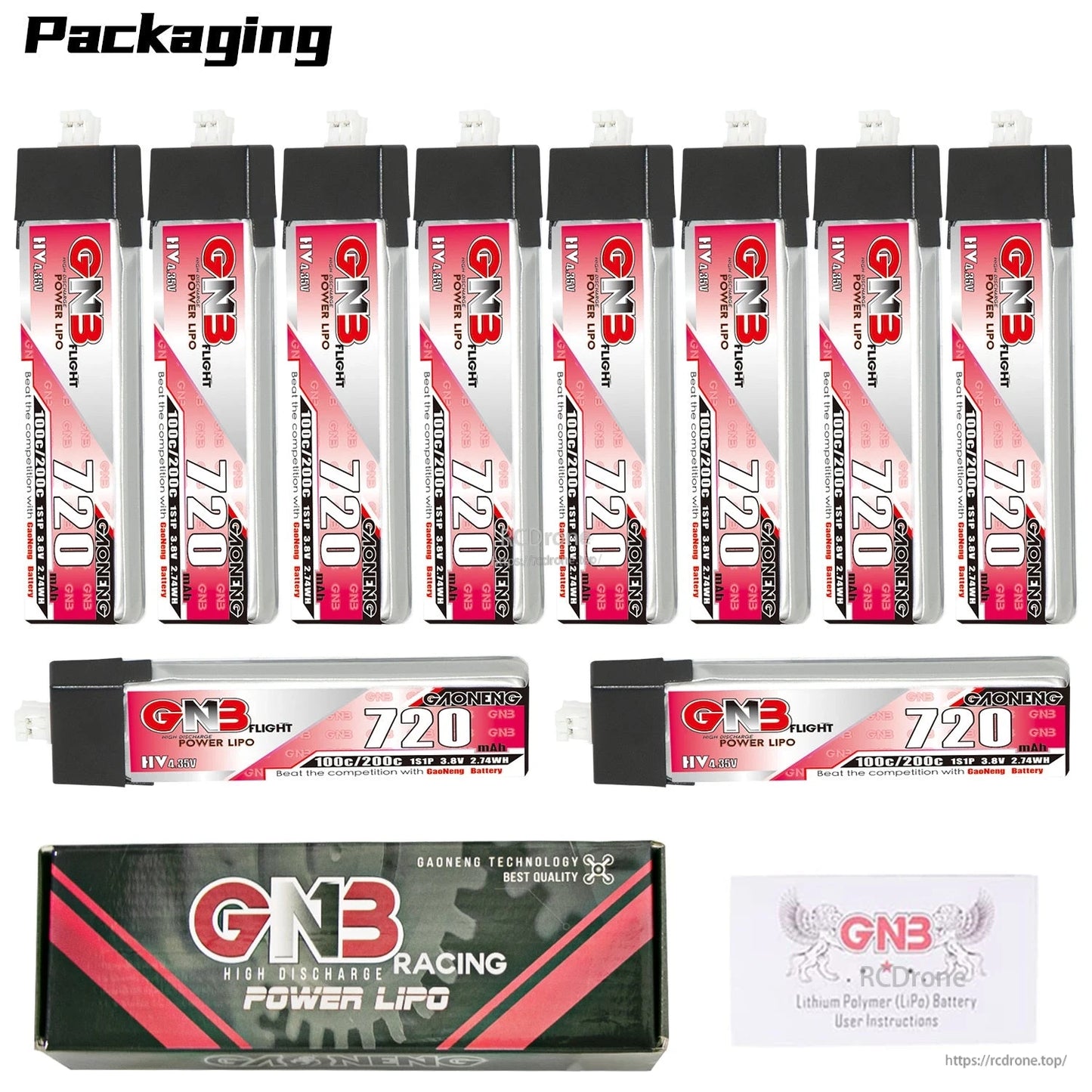 Bundle layout with multiple GNB 720 HV batteries (upright and side view), retail box, and instructions card