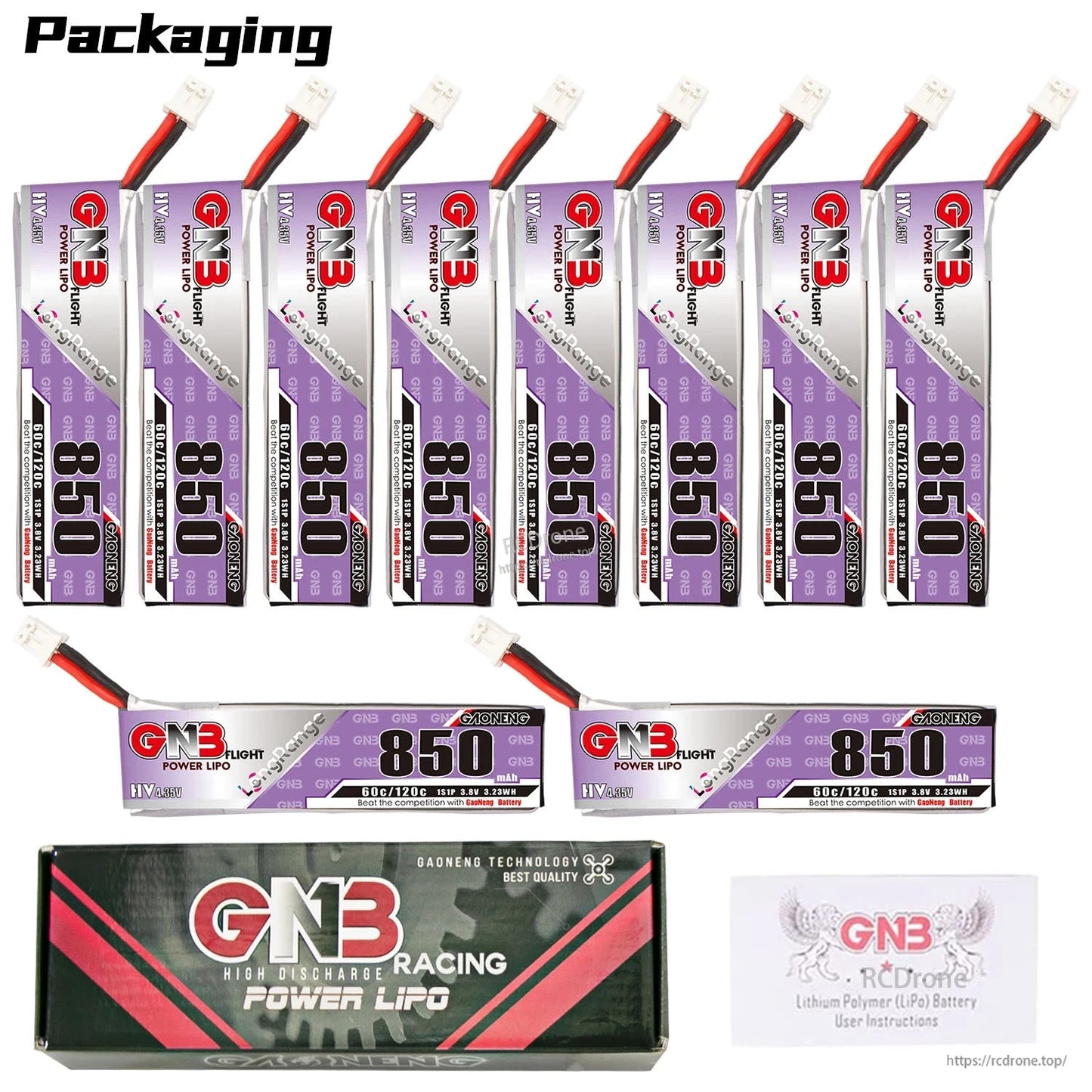 Packaging contents: ten GNB 850 batteries plus two horizontal batteries, GN3 Racing Power LiPo box, card