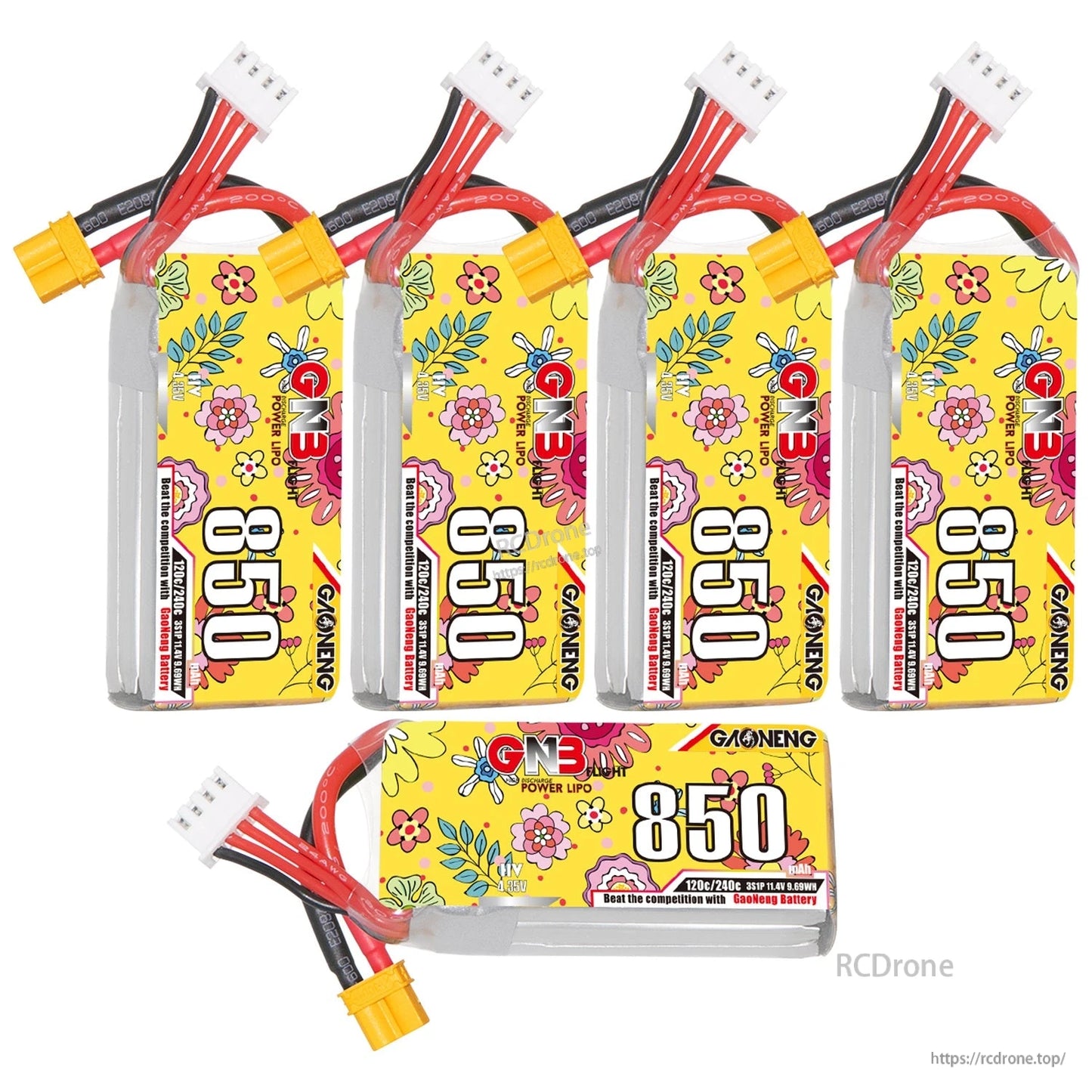 Five-piece set layout: four upright GNB 850mAh batteries plus one battery shown horizontally