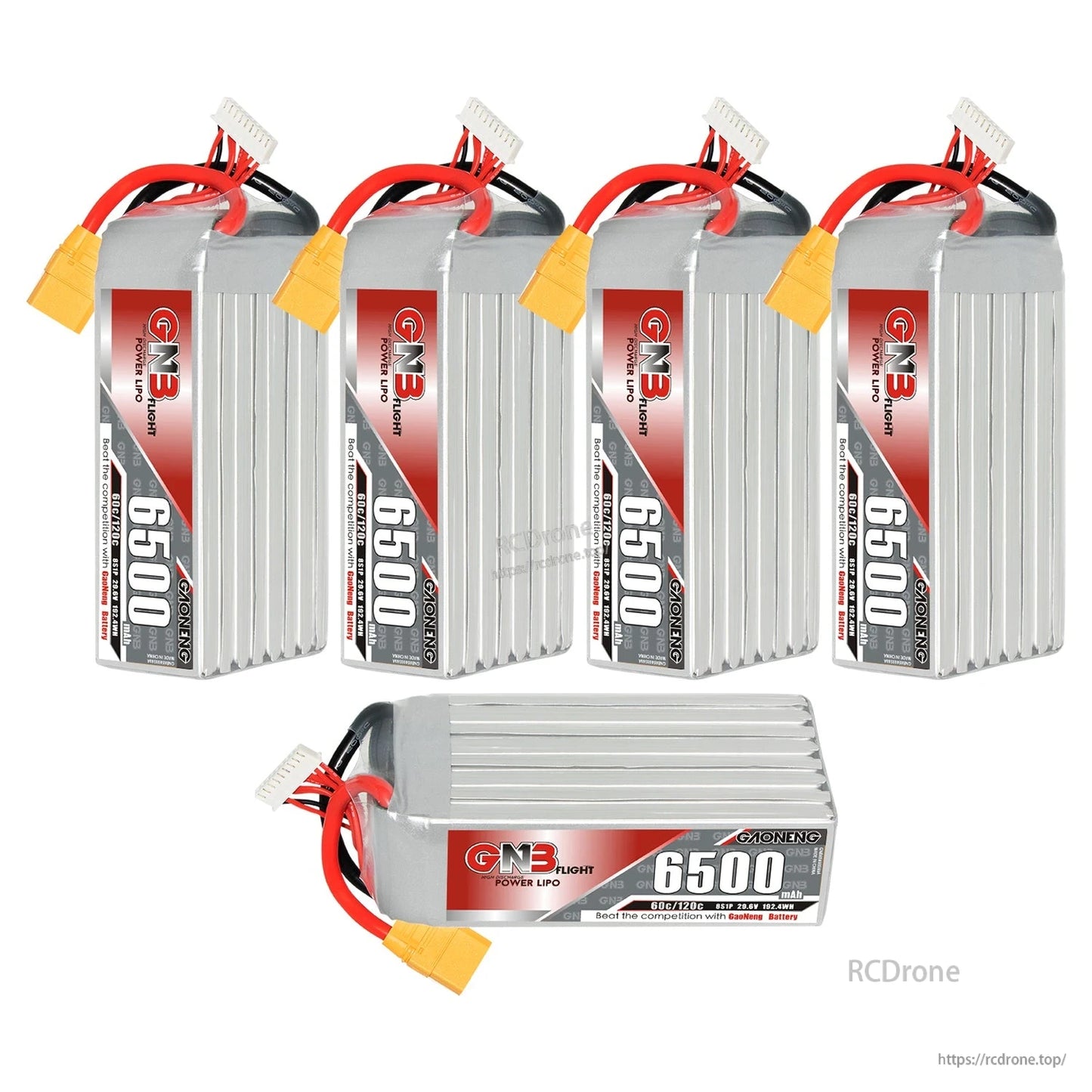 Set display with four upright GNB 6500 batteries plus one battery shown horizontally