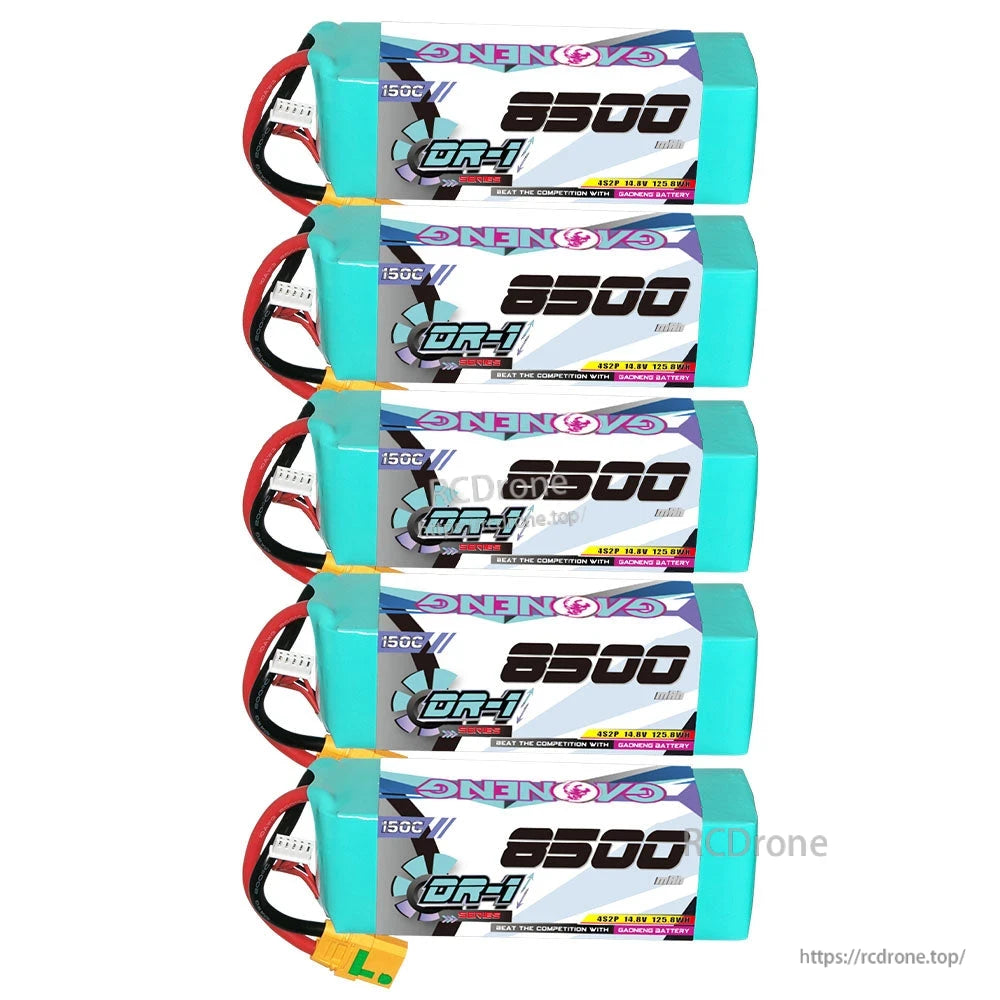 Five GNB 8500mAh 4S LiPo batteries stacked horizontally showing labels and attached leads