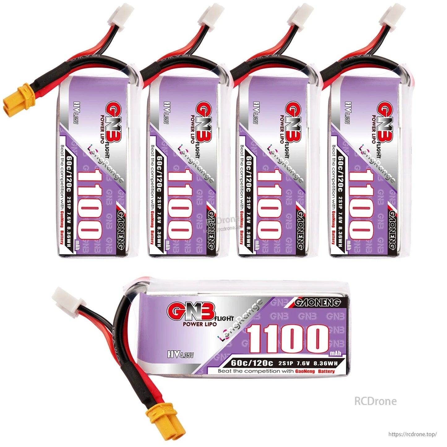 Mixed layout showing five GNB 1100mAh LiHV packs plus one side profile with XT30 connector