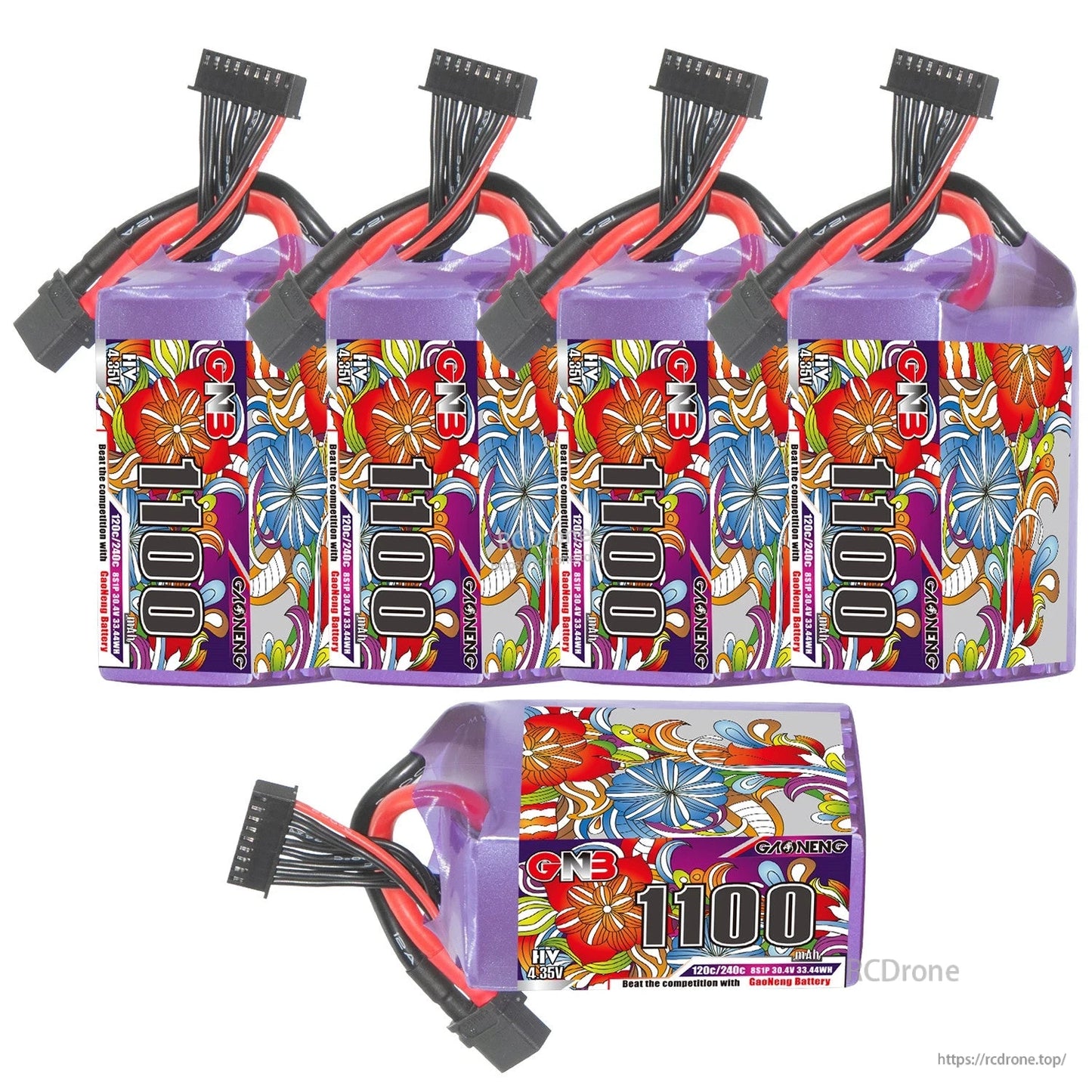 Four upright GNB 1100 LiHV 8S batteries plus one horizontal unit showing top label and leads