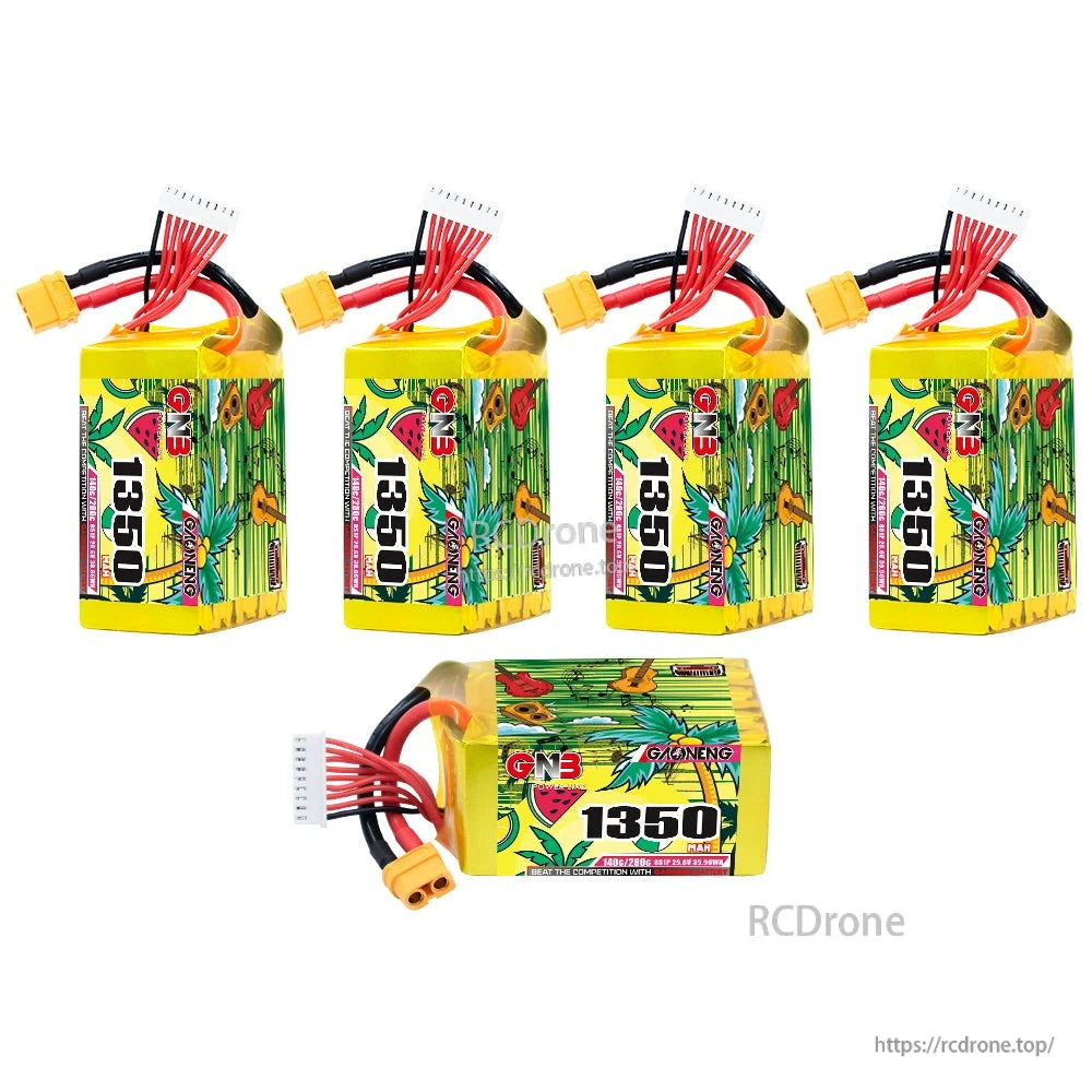 Bundle image with four upright GNB 1350mAh batteries plus one battery shown lying flat