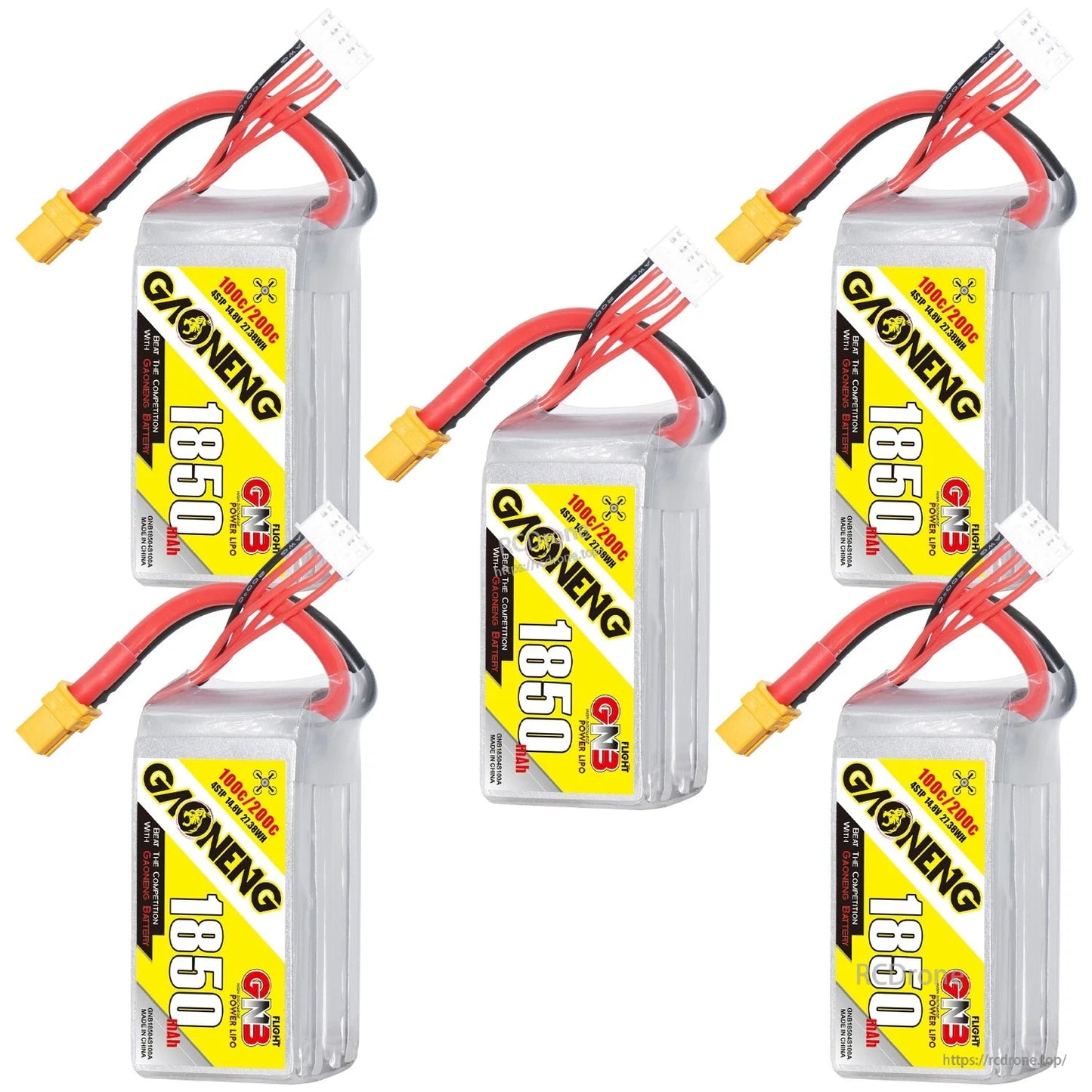 Five GAONENG GNB 1850mAh 4S LiPo batteries grouped together, label side visible with XT60 leads