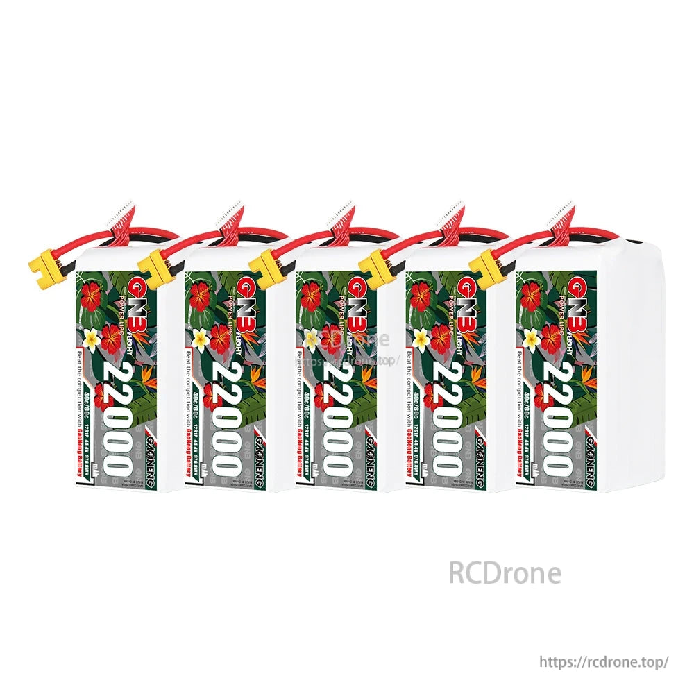 Five GNB 22000mAh LiPo batteries lined up, front label side with power leads and connectors
