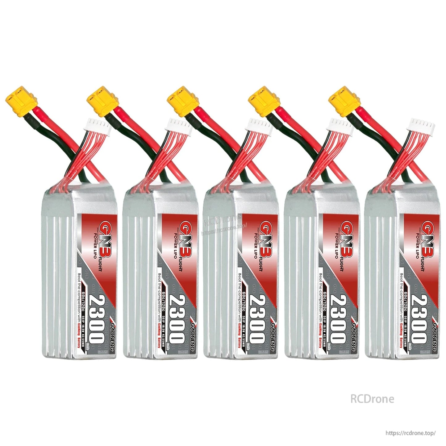 Five GAONENG GNB 2300 LiPo batteries lineup with XT60 connectors and balance plugs