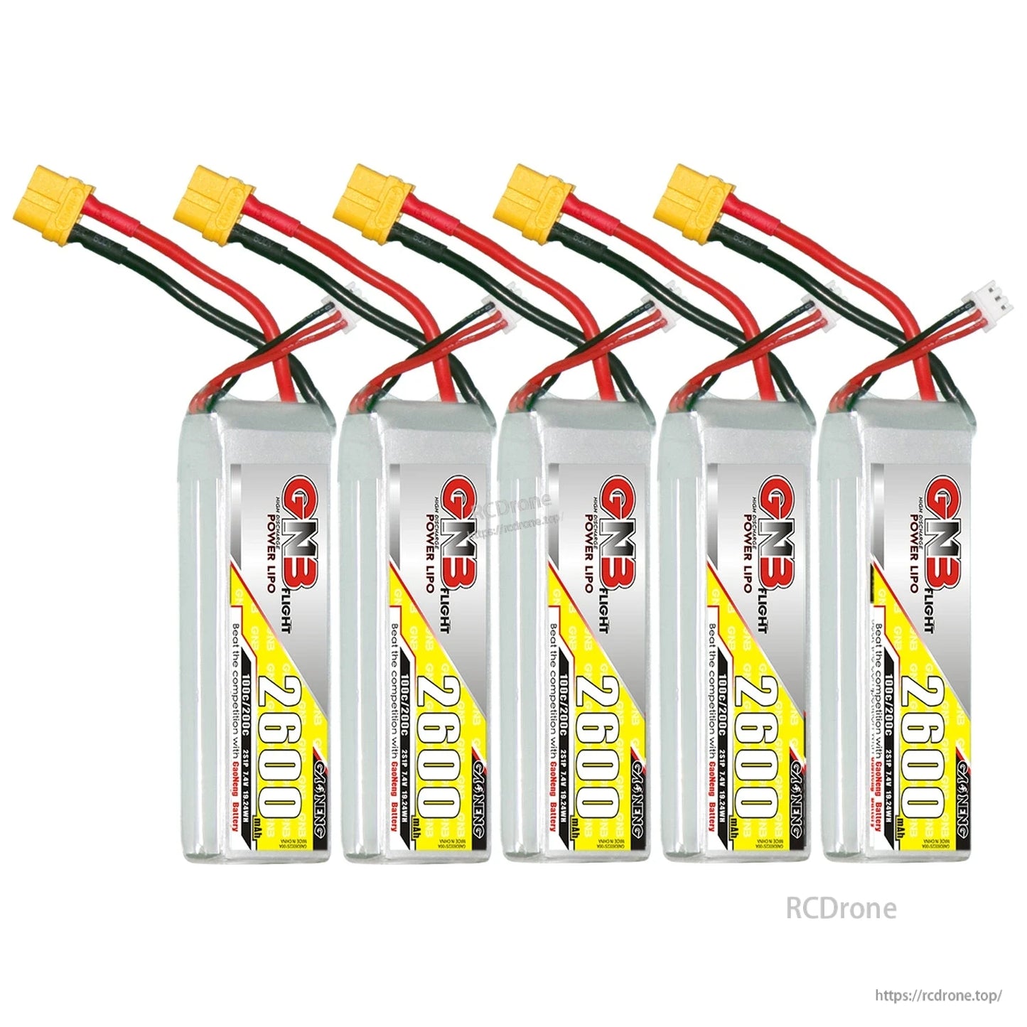 Five-pack bundle of GN3 2600 LiPo batteries with XT60 connectors and balance leads
