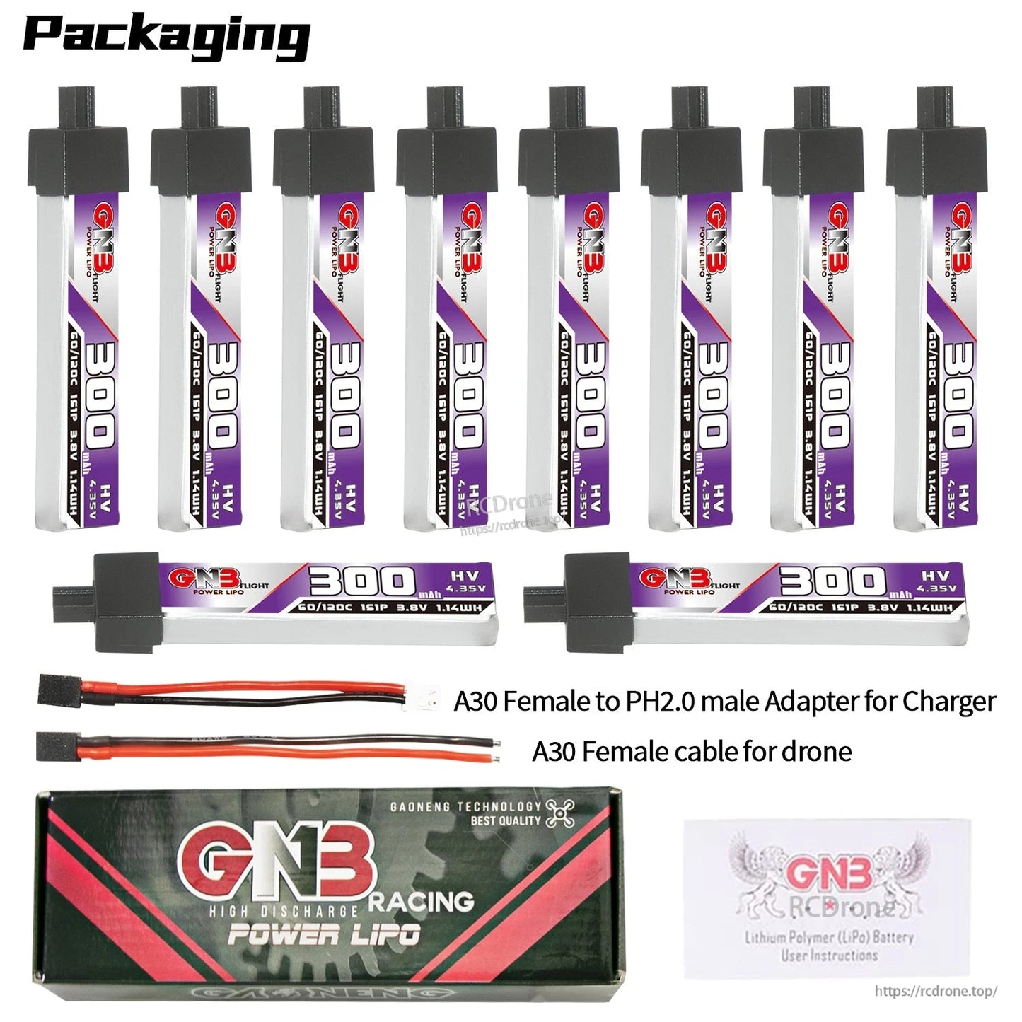 Large bundle display: ten upright batteries plus two horizontal, with A30 cables, box and manual