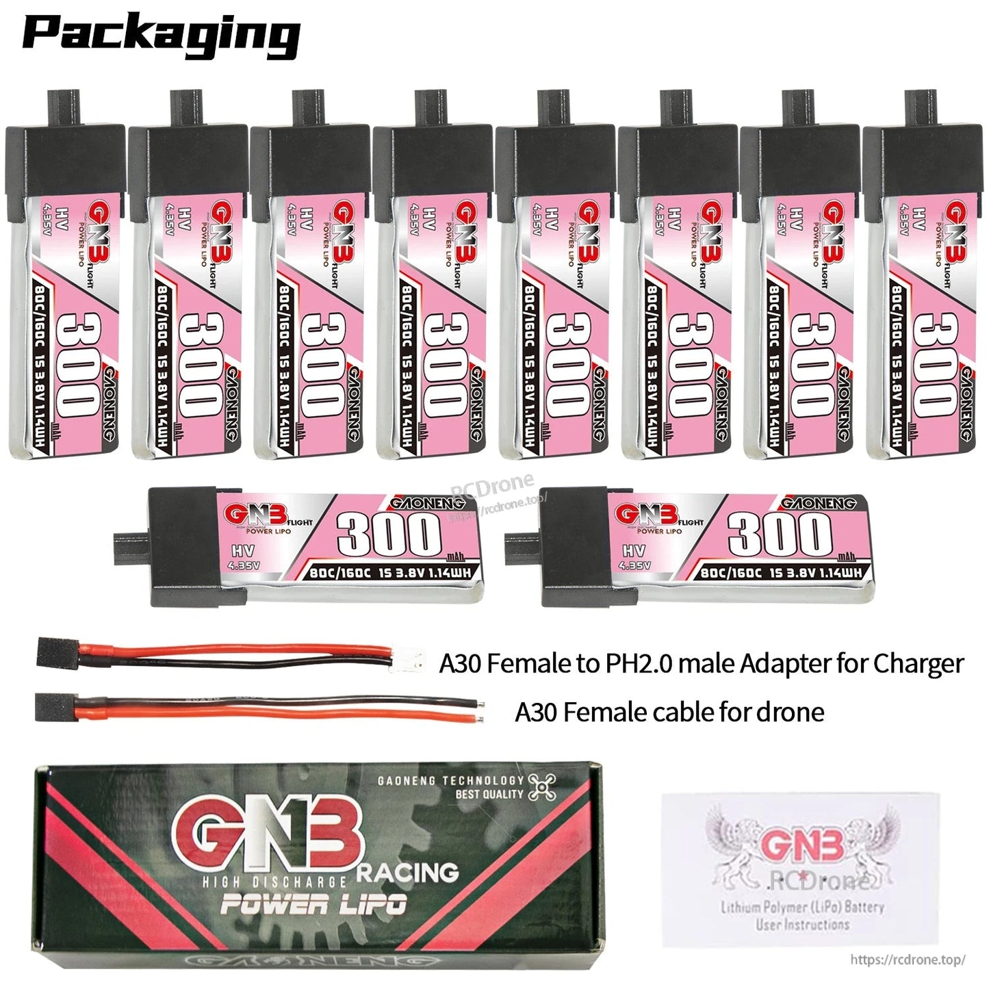 Multi-pack display with eight upright batteries plus two horizontal views, cables, retail box and leaflet