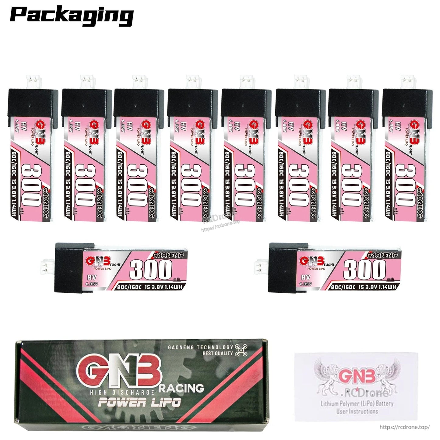 Packaging contents: 10 GNB 300mAh HV 1S batteries plus two horizontal battery views, box and manual