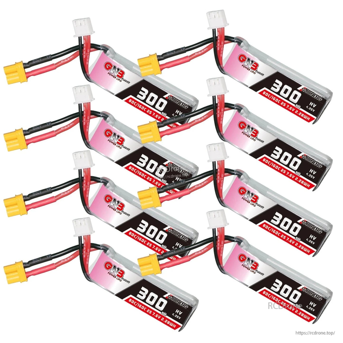 Eight GNB 300mAh HV LiPo batteries arranged in rows, showing XT30 connectors and balance plugs