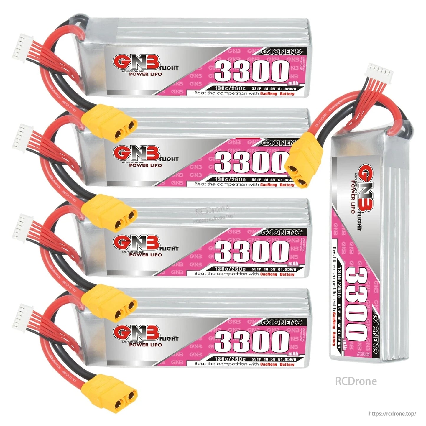 Five GNB 3300mAh LiPo batteries set, four horizontal plus one vertical showing side label