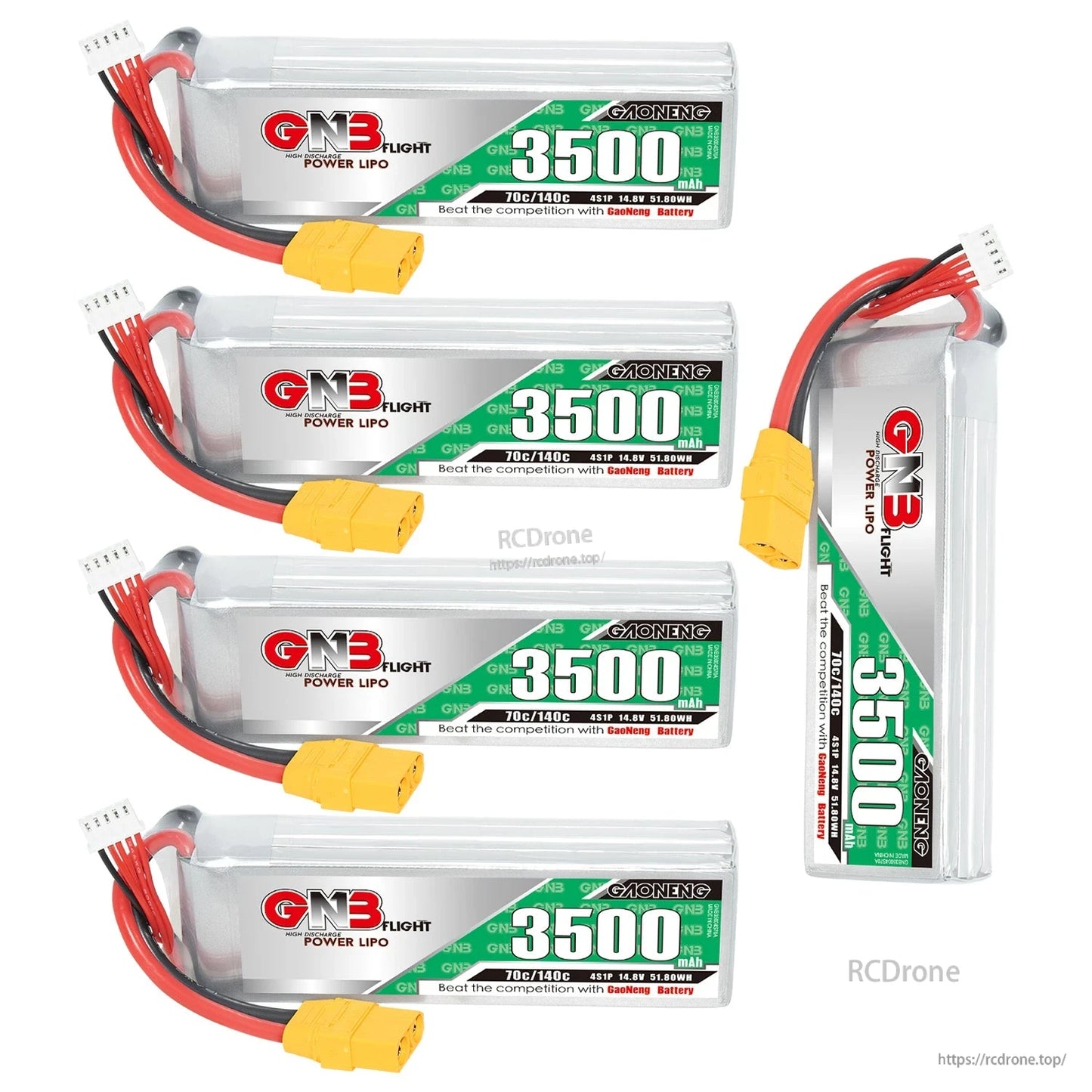 Bundle display of four GNB 3500mAh LiPo packs plus one upright pack, showing XT90 connectors