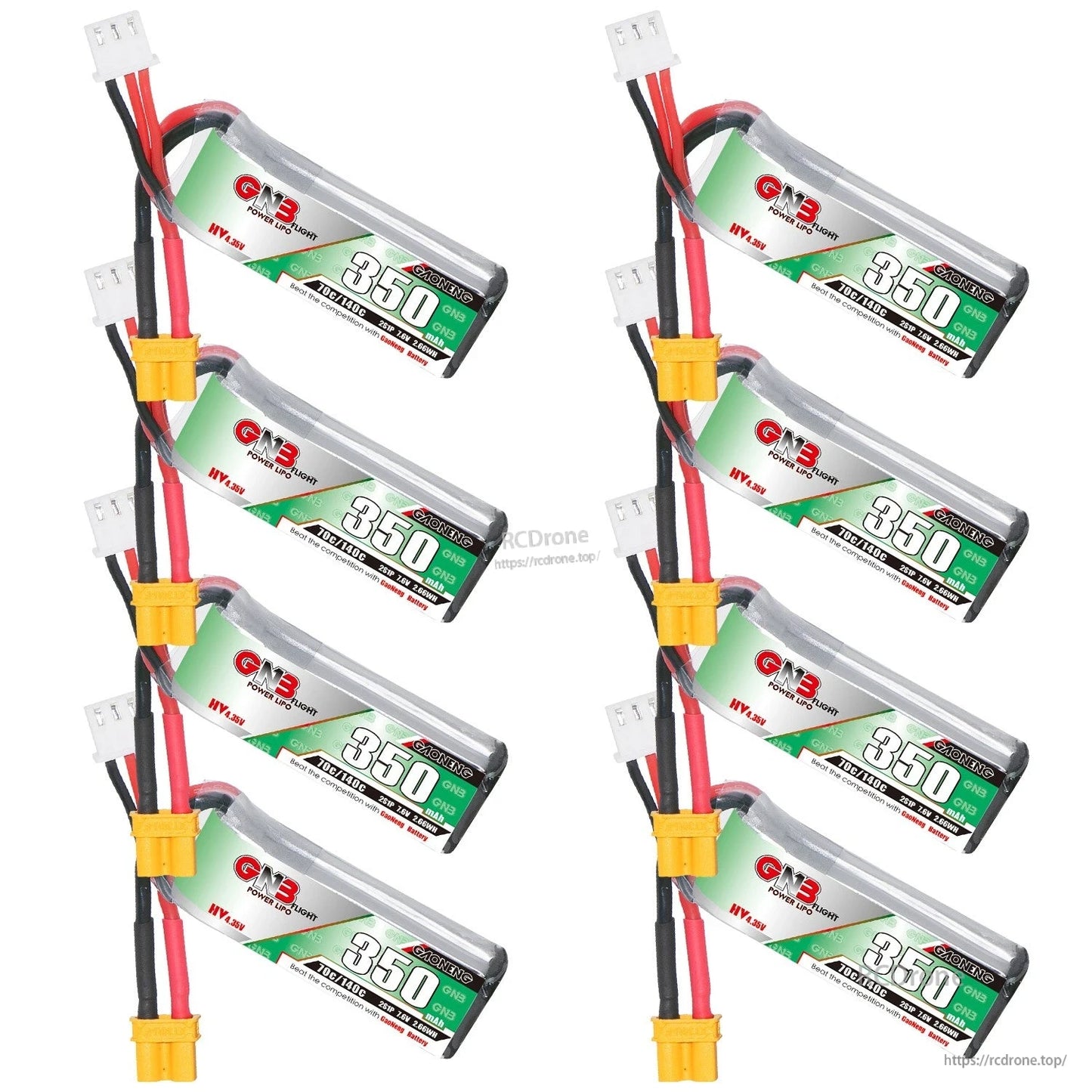 Eight GNB 350mAh batteries bundle collage in two columns with XT30 connectors and balance plugs