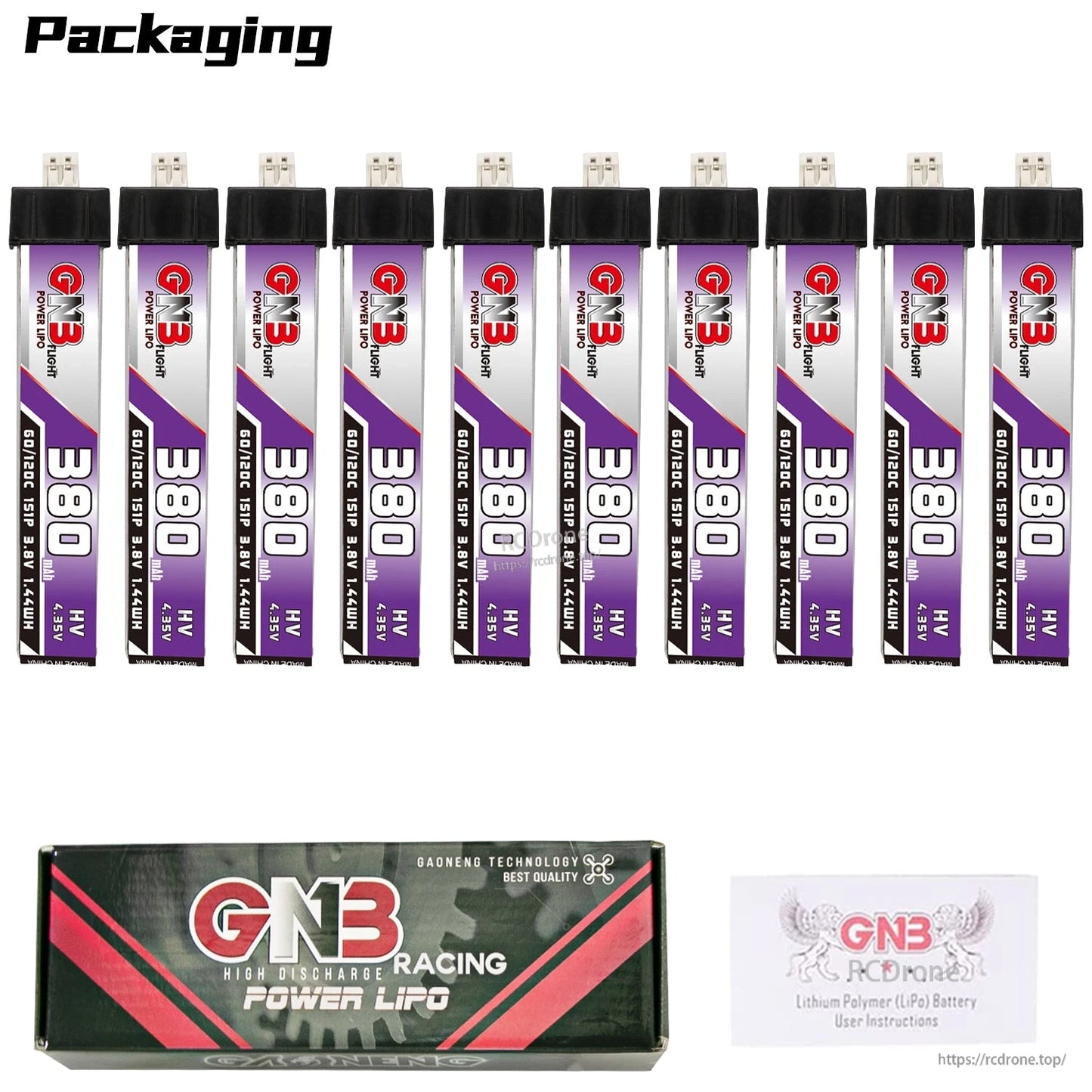 Packaging contents: ten GNB 380 LiHV batteries with GNB Racing Power LiPo box and instructions card